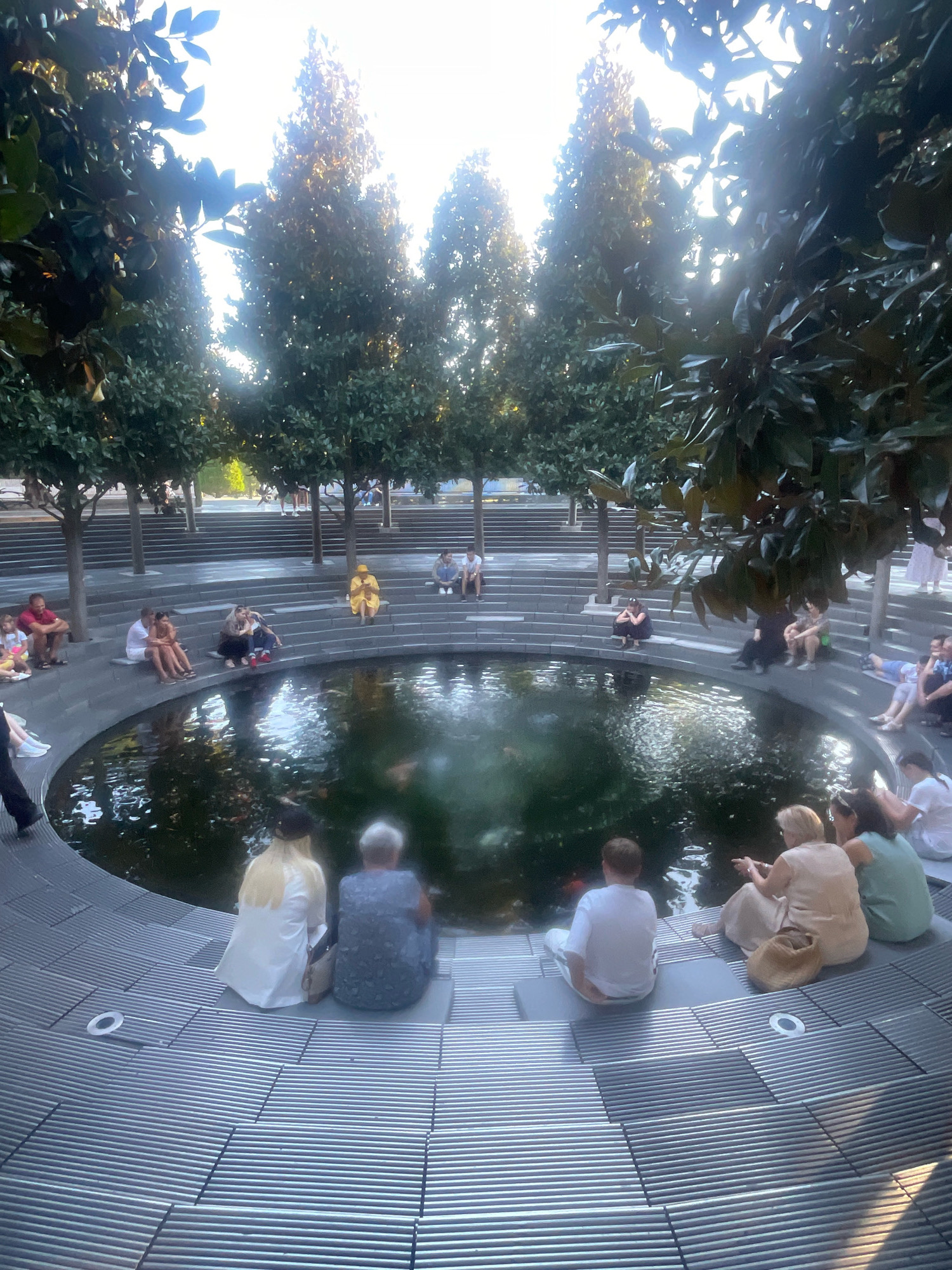 The image shows an outdoor seating area with a circular pond at its center. The seating is arranged in concentric, tiered levels made of metal grating. Trees line the outer edge of the seating area, and there is sunlight filtering through the leaves. Several people are seated on the tiers, facing the pond. In the pond, there appear to be fish. The scene is likely a public park or plaza in Krasnodar, Russia, possibly related to an urban renewal or public art project given the modern design elements.