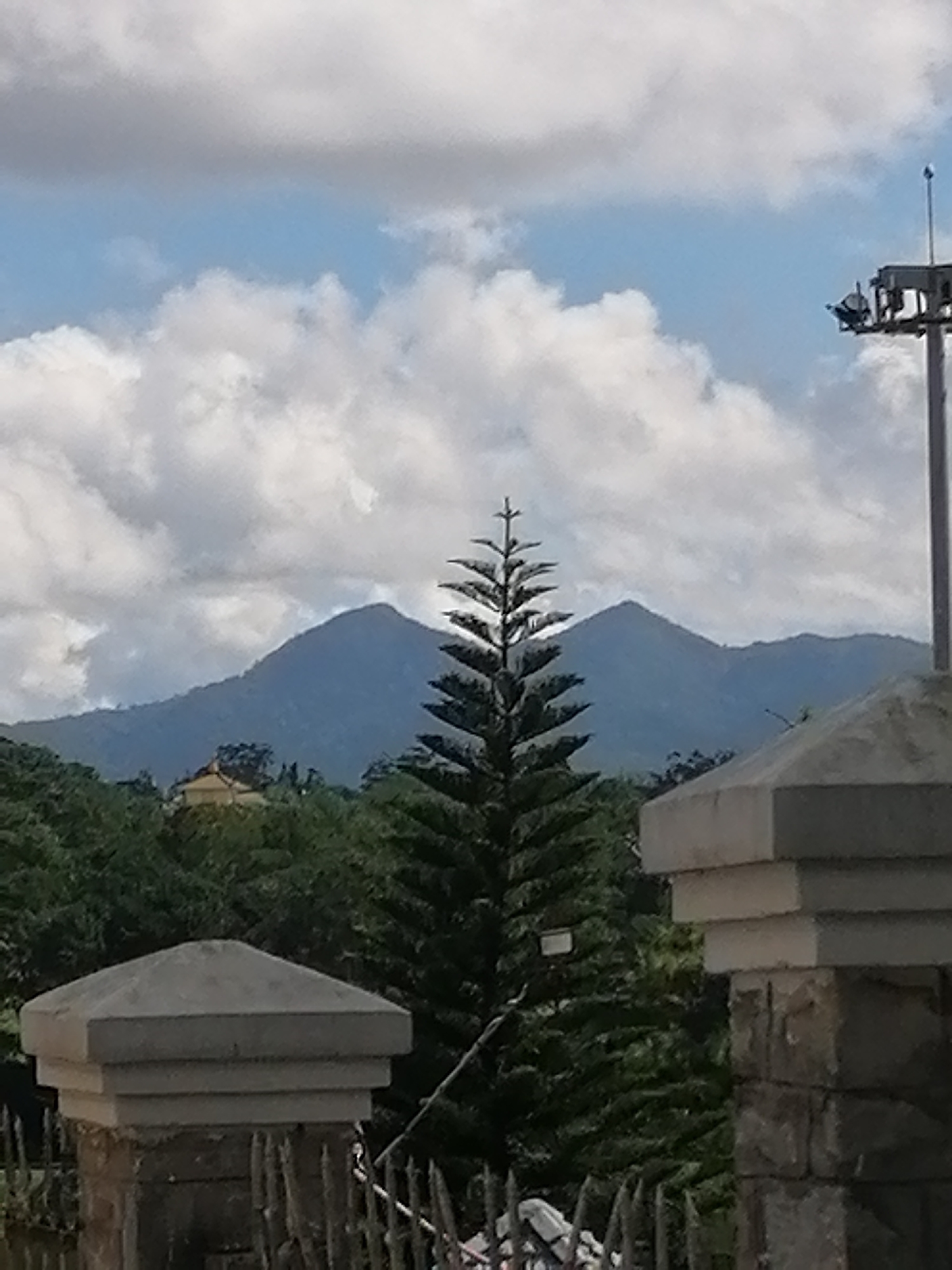 The image depicts a landscape scene with mountains in the background and foreground elements of a fence and stone pillars. A prominent evergreen tree stands in the center, with lush green foliage and layered branches. The mountains are a hazy blue, suggesting distance, and are partially obscured by clouds. In the midground, a building with a distinctive roof shape is visible nestled among the trees. The foreground features a concrete fence post with stacked rectangular sections, topped by a pyramidal cap. The sky is a mix of blue and white clouds. The lighting suggests it is daytime, possibly overcast. The scene is likely located in Da Lat, Vietnam, a city known for its mountainous terrain, pine forests, and French colonial architecture, which could explain the building's style.