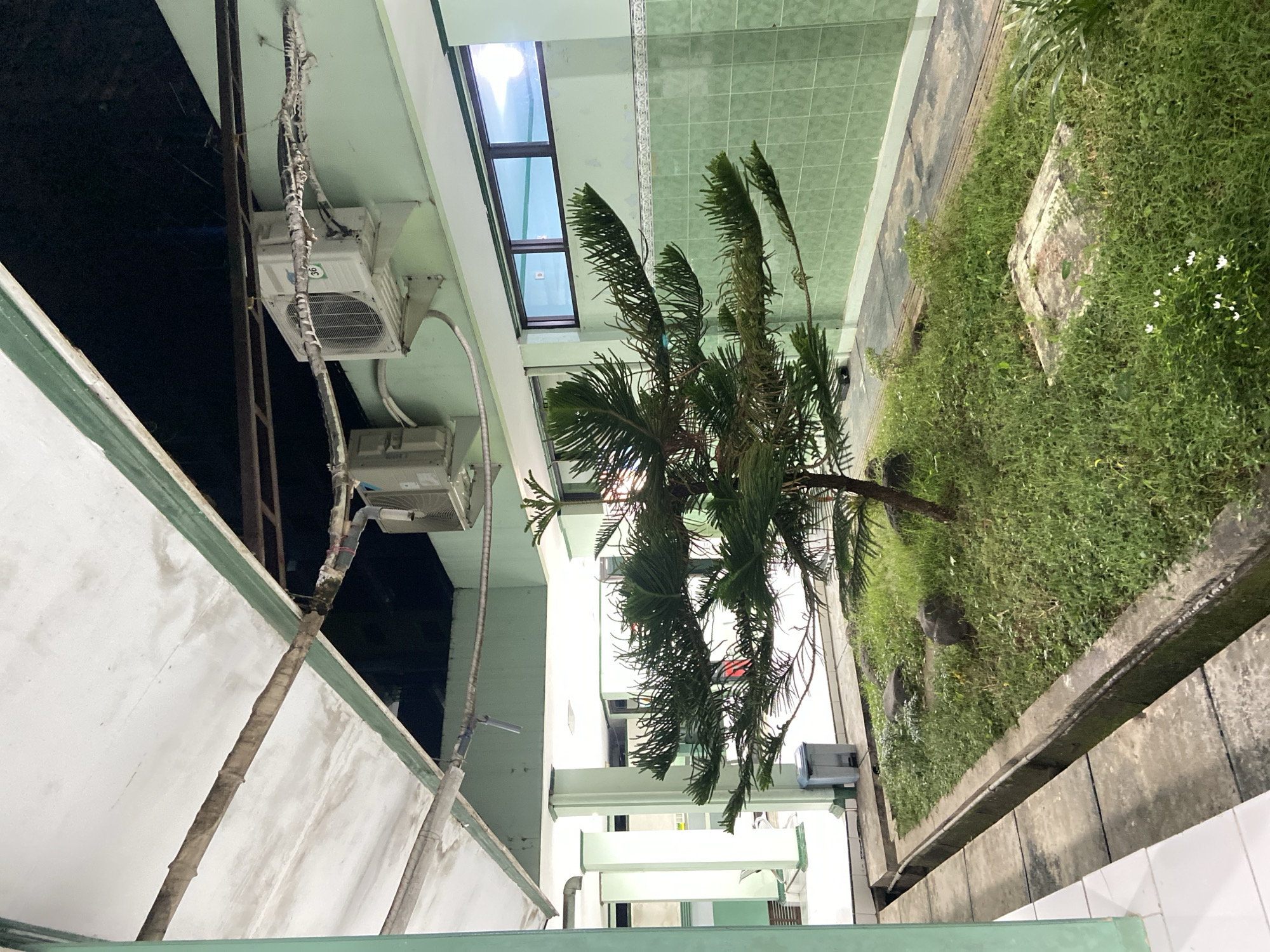 The media file depicts an outdoor scene, likely in Margoyoso, Indonesia, at an unspecified time of day that appears to be dusk or night, given the lighting conditions. The setting is an exterior corridor of a building, possibly a school or dormitory, with air conditioning units mounted on the wall. A narrow strip of green grass and a small tree are visible to the right, bordering a concrete pathway. The building's exterior is painted a light green and white, with visible pipes and wiring running along the walls. The overall mood is utilitarian and perhaps a bit neglected, with some of the pipes appearing worn or patched. There are no people visible in the image, and the focus is on the architecture and the surrounding vegetation.