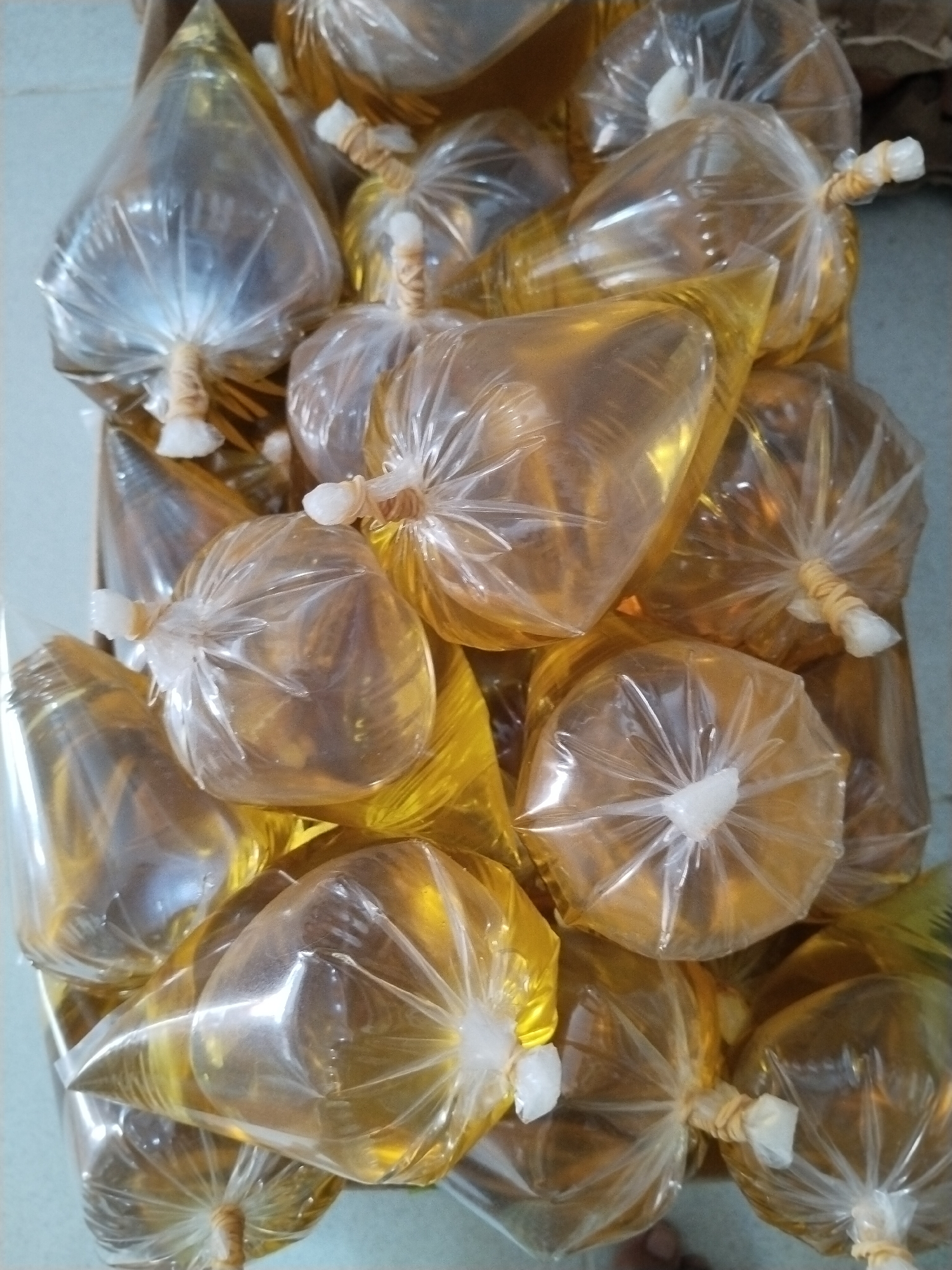 A pile of transparent plastic bags filled with a yellow liquid is presented. Each bag is tied at the top with what appears to be a rubber band and a white material. The bags are irregularly shaped, some appearing more spherical while others are elongated and conical. The yellow liquid inside is consistent across all visible bags, with variations in opacity due to the way the light reflects off the plastic and the liquid. The background is out of focus but appears to be a neutral, possibly light-colored surface. The image is taken from a slightly overhead perspective, looking down at the collection of bagged liquids. The location is identified as Sawit Seberang, Indonesia, though no specific landmarks or environmental features within Sawit Seberang are visible in the image itself.