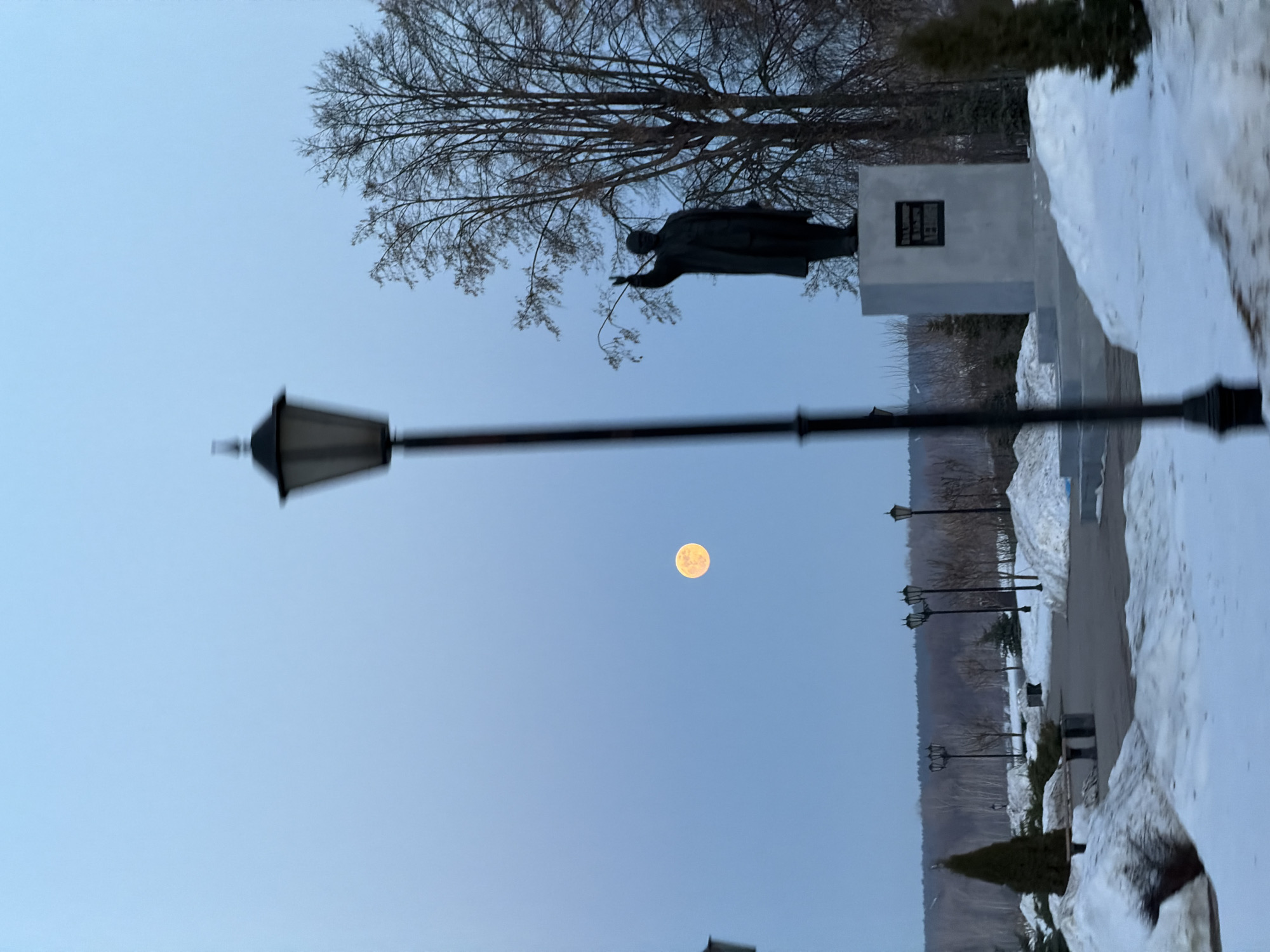 A photograph, taken at twilight in what appears to be a Russian city, features a statue of Lenin on a pedestal. The statue is positioned to the upper right of the frame. A bare tree stands behind the statue. To the left of the statue, a street lamp stretches upwards towards the sky. A full moon is visible between the lamp's base and its head. The foreground shows a snow-covered landscape with streetlights lined up in the distance. This scene is likely in Sarapul, Russia.