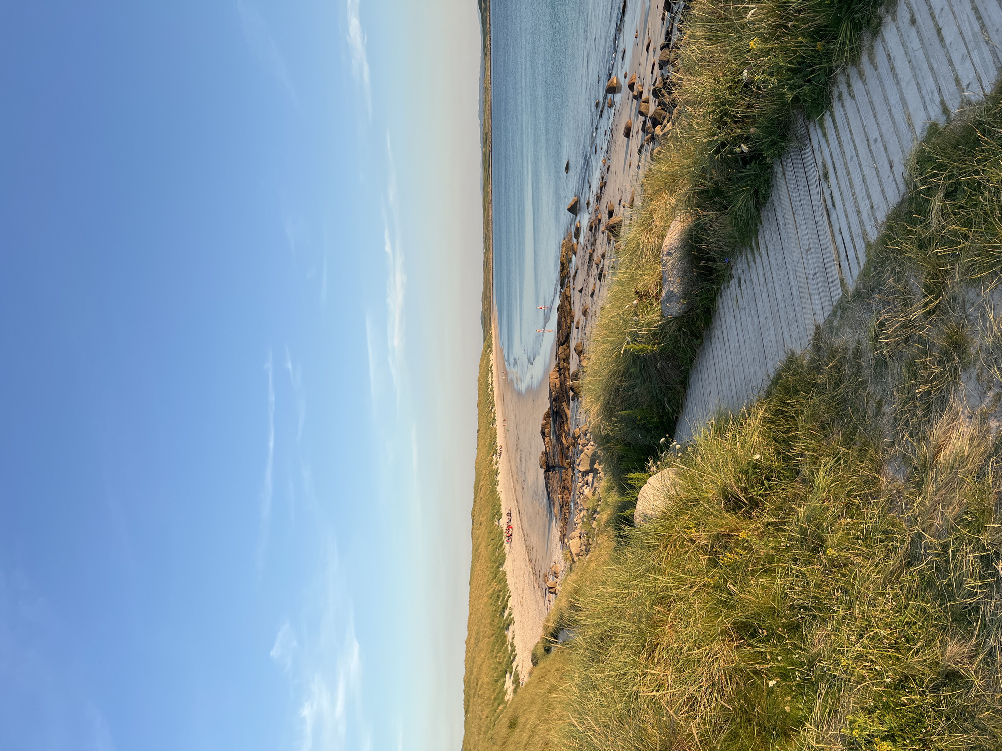 The image depicts a scenic view of a sandy beach, with a wooden boardwalk leading towards it. Tall, golden grass lines the dunes that separate the boardwalk from the beach, creating a natural barrier. The beach itself is wide and appears to be gently sloping towards the calm, blue ocean. Scattered rocks and pebbles are visible along the shoreline. In the distance, a group of people is gathered on the sand, while a few individuals are seen walking along the water's edge. The sky above is a clear, pale blue with a few wispy clouds. The overall impression is one of a peaceful, sunlit coastal environment, likely in the vicinity of Derrybeg, Ireland, given the characteristic coastal landscape.