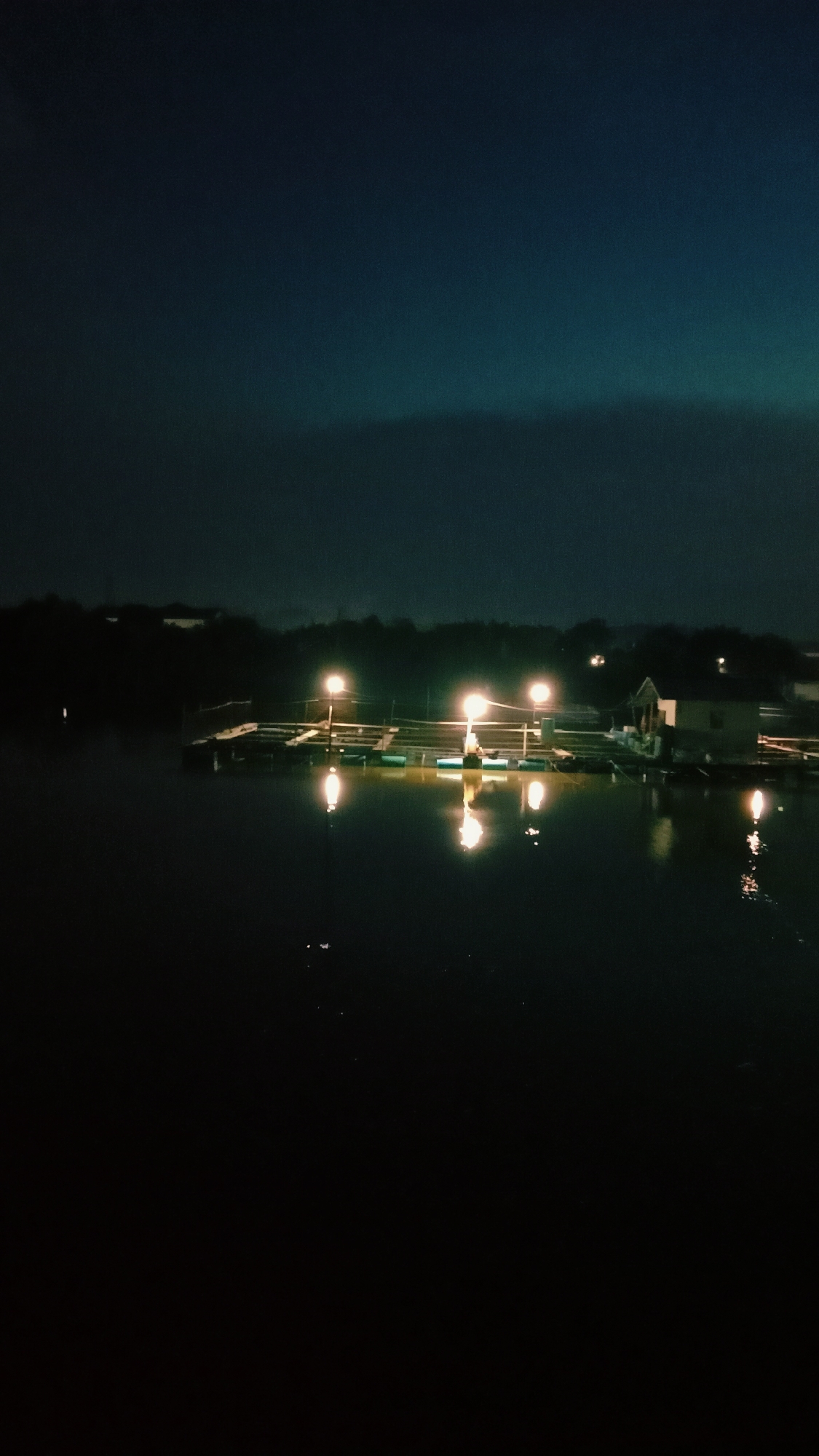 This image captures a night scene of a fish farm or aquaculture facility situated on a body of water, likely a river or lake in Lhokseumawe, Indonesia. The sky is a dark, gradient blend of deep blue and teal, suggesting either twilight or early night. The horizon features a dark silhouette of land or trees, with faint distant lights hinting at nearby habitation.
In the mid-ground, a series of interconnected floating platforms or pens, possibly used for fish cultivation, stretch across the water. Several bright, warm-toned artificial lights are mounted on poles on these structures, casting strong, elongated reflections on the dark, calm water below. The reflections are a prominent feature, indicating smooth water surface. A small, simple building or hut with a roof is visible on one of the platforms to the right.
A single person is visible standing on the floating structure near the center, positioned directly under one of the bright lights. They appear to be facing away from the camera, their figure silhouetted against the illumination. The activity suggests work or presence related to the operation of the fish farm during evening hours. There is no visible text in the image. The overall atmosphere is quiet and still, emphasizing the artificial light against the natural darkness of the night.