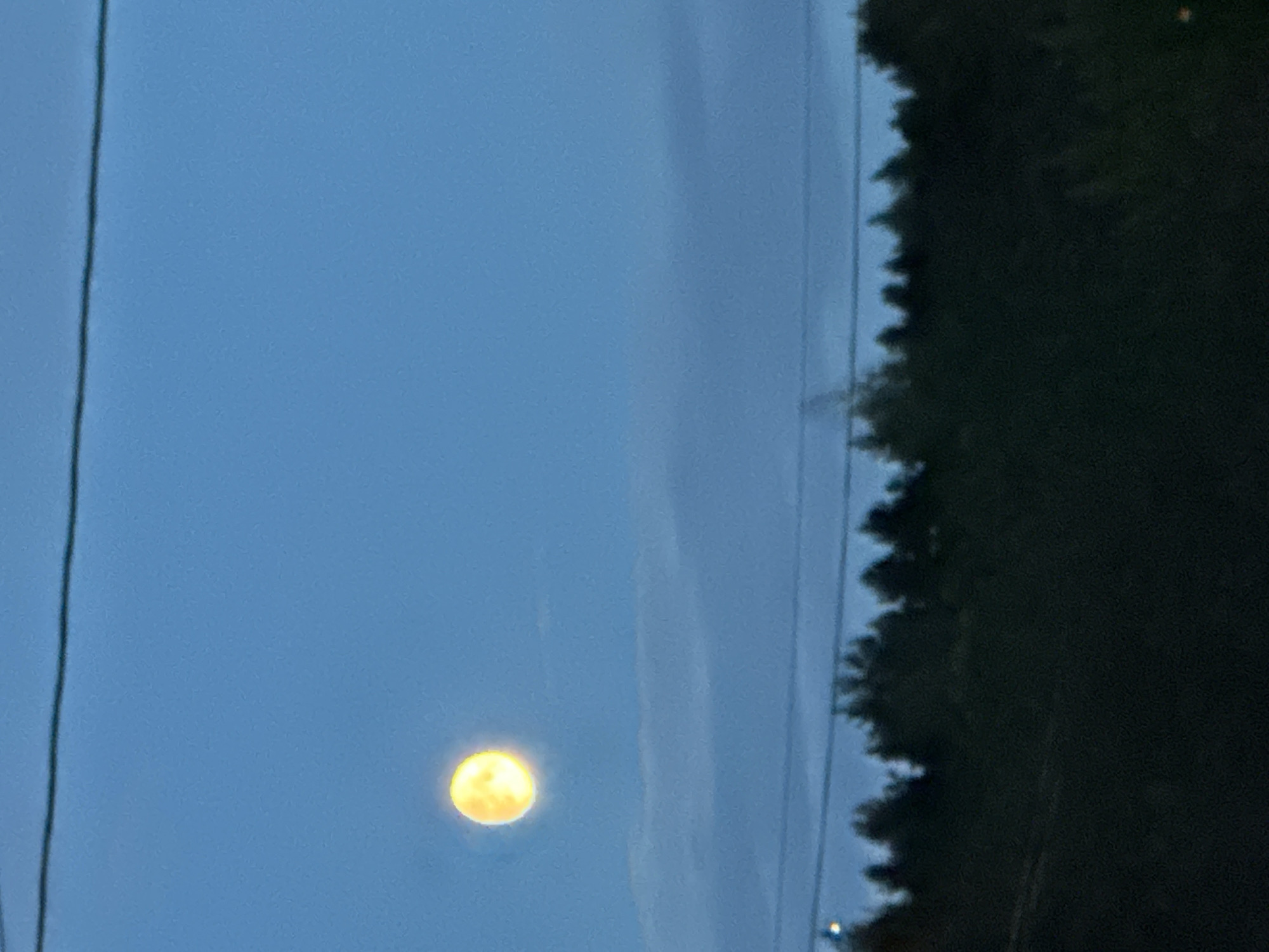 A full moon, glowing a bright yellow, is visible in a clear blue sky. Below the moon, a hazy line of clouds stretches horizontally. A dark silhouette of a forest lines the bottom of the frame, with its trees appearing as jagged peaks against the lighter sky. A thin, dark line, likely a power line, bisects the upper portion of the image. The scene appears to be an outdoor, natural setting, possibly on the outskirts of Podolsk, Russia, during twilight or early evening.
