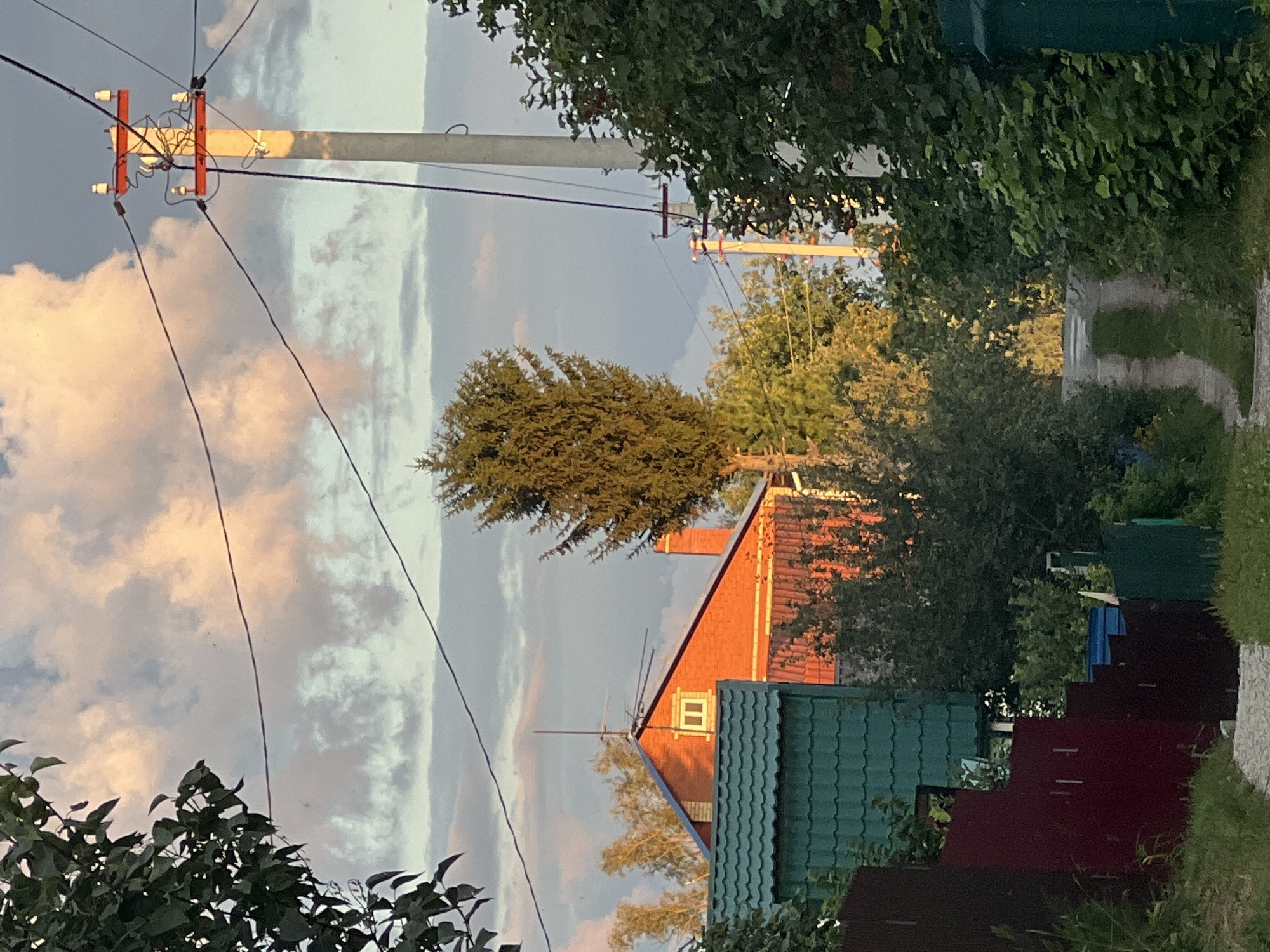 The image depicts a rural scene in Mochishche, Russia, at dusk. A dirt path winds through dense greenery, leading towards a brick house with a blue roof, illuminated by the warm glow of the setting sun. A tall evergreen tree stands prominently in the mid-ground, casting a long shadow. Power lines crisscross the sky, supported by a concrete pole topped with red insulators. The sky is filled with soft, pinkish clouds, suggesting the end of a warm day. Fences of varying colors, including green and red, line the path, partially obscuring the view of the houses and vegetation behind them. The overall atmosphere is peaceful and serene, characteristic of a countryside setting in the evening.