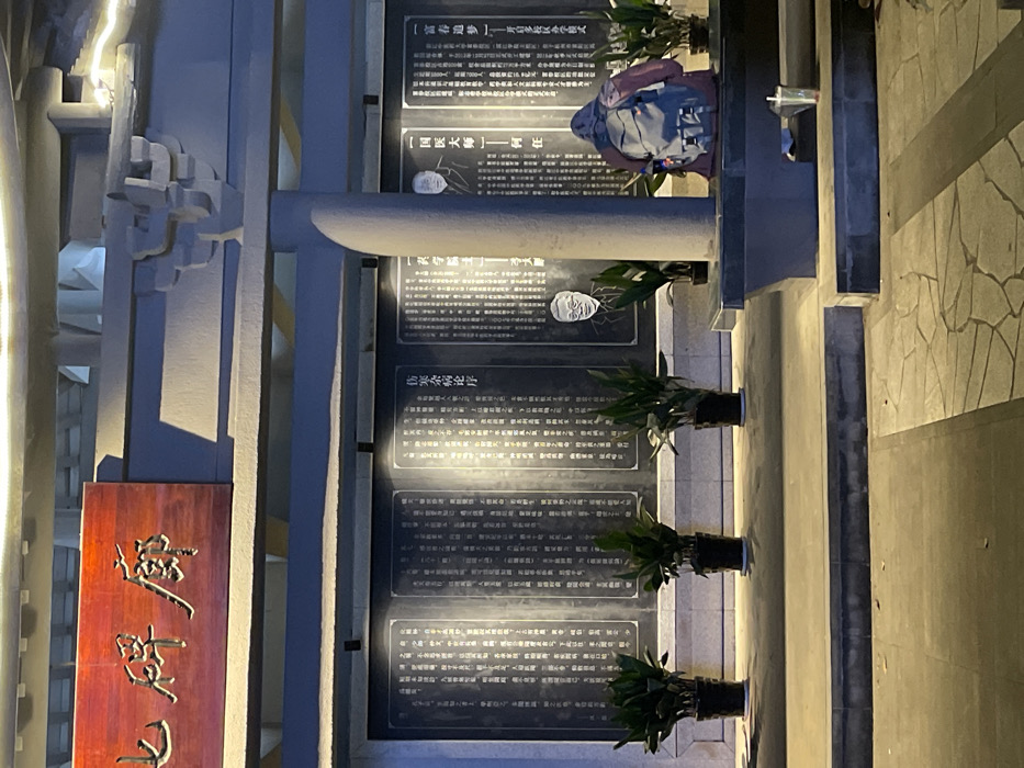 The scene is a stone-paved area in front of a building. There are four black plaques mounted on the building wall, each with a black background and gold lettering. The plaques contain Chinese writing and portraits of older men. The scene is illuminated by overhead lighting. Four potted plants are arranged in front of the plaques. A person is sitting on a stone bench, facing the plaques, and has their back to the camera. They are wearing a dark hoodie and a gray backpack. The scene is located in Hangzhou Shi, China, at the coordinates 30.177, 120.145.