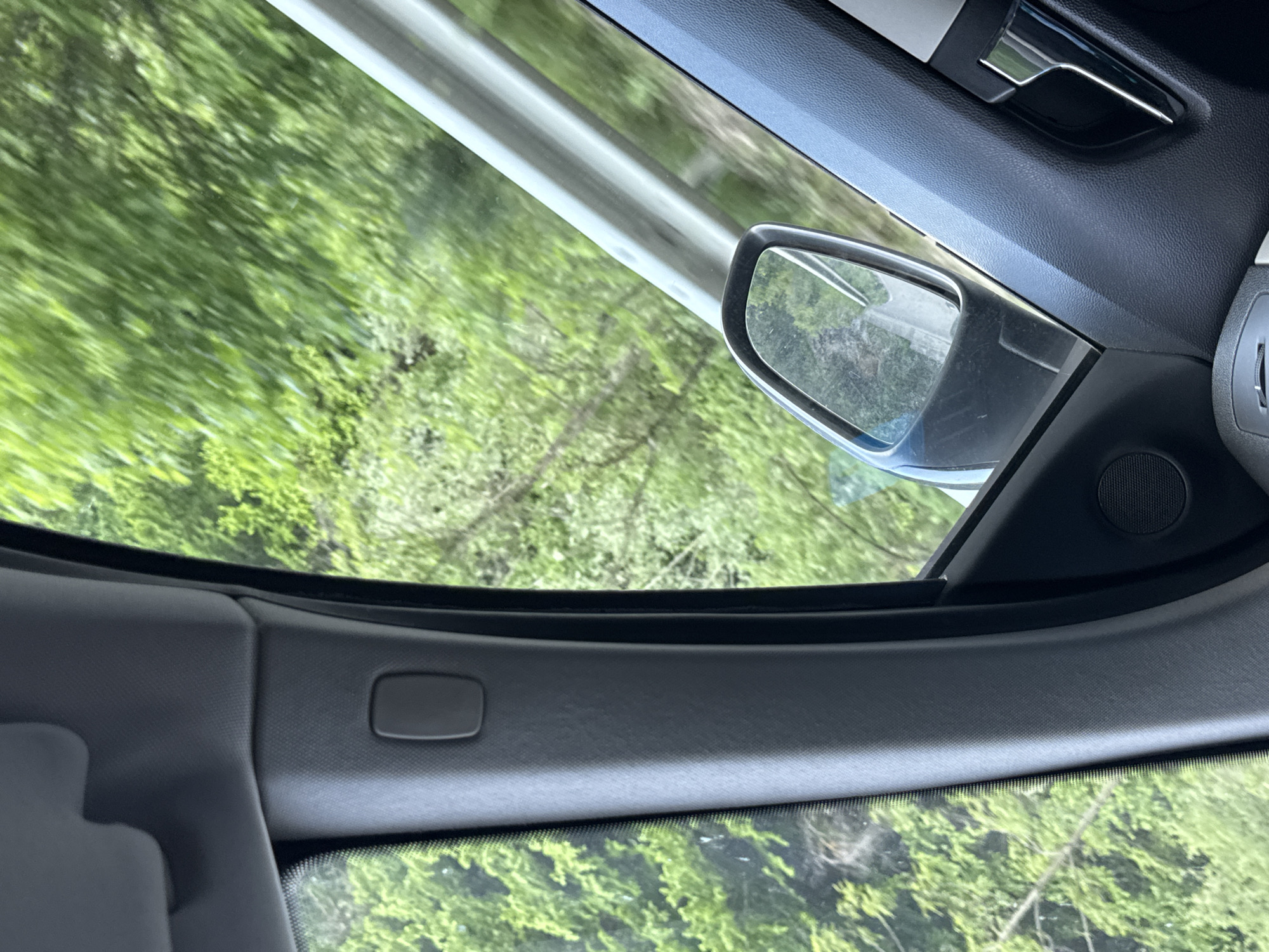 The image, taken from inside a moving vehicle in Sokolovtsi, Bulgaria, presents a view primarily from the passenger's perspective looking out the side window and partially through the windshield. The car's dark gray interior trim dominates the left and upper portions of the frame, showing the A-pillar, a section of the roof liner, and the upper part of the door panel. Visible interior elements include a circular speaker grille on the upper left door panel, a silver metallic door handle, and a small rectangular panel on the A-pillar trim. The side-view mirror, reflecting a slight curve of the road or shoulder, is prominent on the left. Outside the vehicle, a metallic gray guardrail extends horizontally across the lower mid-section of the frame. Beyond the guardrail and through the windows, a dense, vibrant green natural landscape of trees and bushes is visible. Significant horizontal motion blur in the external foliage through the side window indicates the vehicle is in motion at speed. The upper external view, through the windshield, also displays green foliage, suggesting a continuous, forested environment. No individuals are present in the frame.