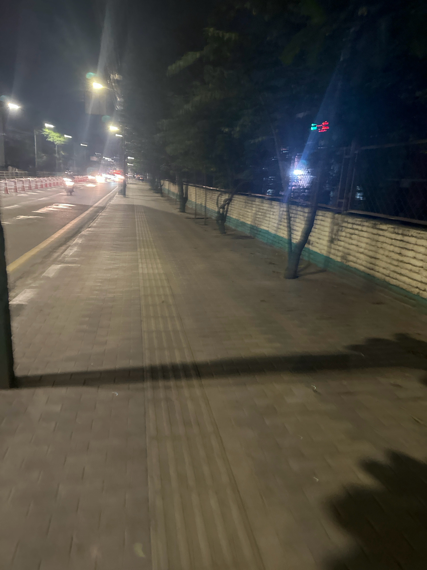 A night time, eye-level, slightly tilted perspective shot captures a sidewalk adjacent to a road in Kathmandu Metropolitan City, Nepal. The sidewalk is paved with rectangular tiles and features a tactile paving strip for the visually impaired. Several trees with thin trunks are planted along the edge of the sidewalk, their shadows cast across the pavement. A low, brick wall with a green trim runs along the far side of the sidewalk, separating it from a grassy area and a chain-link fence. On the road, headlights from moving vehicles are visible, including a motorcycle in the left lane, suggesting moderate traffic. Streetlights illuminate the scene, creating pools of light and long shadows. A traffic light with a green and red light illuminated is visible in the background, above the wall. The overall atmosphere is dark and urban, typical of a street scene at night.