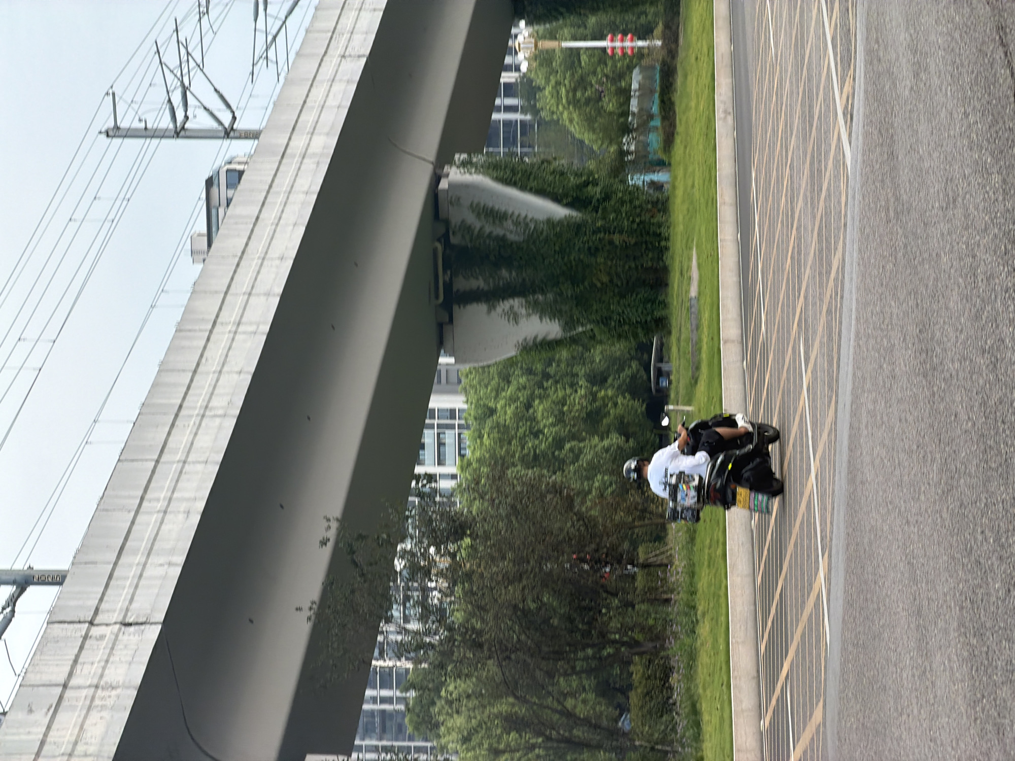 The image depicts a street scene in Jiangjin, China, under an elevated structure, likely an overpass or a section of a highway. A person is riding a black electric scooter, facing away from the camera, down a road marked with yellow and white lines, indicating a specific traffic flow or parking area. The rider is wearing a white t-shirt, dark shorts, and a helmet. The scooter has a storage box on the back adorned with colorful stickers. In the background, there are lush green trees and several modern buildings, suggesting an urban or suburban environment. The sky is overcast, creating a diffused light. A concrete pillar supporting the elevated structure is visible, with vines growing on it. Power lines and poles associated with the elevated structure are also present in the upper portion of the image.