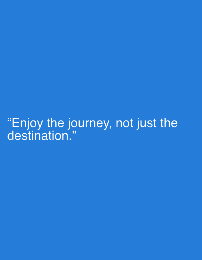 This image features a minimalist design with white text against a solid, vibrant blue background. There are no people, objects, or distinct scene elements other than the text itself.
The visible text is a motivational quote, enclosed in quotation marks: "Enjoy the journey, not just the destination." The text is rendered in a sans-serif font, appearing clean and legible. It is positioned in the lower-middle section of the frame, slightly off-center towards the left. The blue background is uniform and deep, providing a stark contrast that makes the white text stand out prominently.
The image conveys a message of presence and appreciation for the process rather than solely focusing on outcomes. The overall impression is one of simplicity and clarity, designed to highlight the message. The location context provided for this media is Sofiivska Borshchahivka, Ukraine, although no visual cues from that location are present in the image.