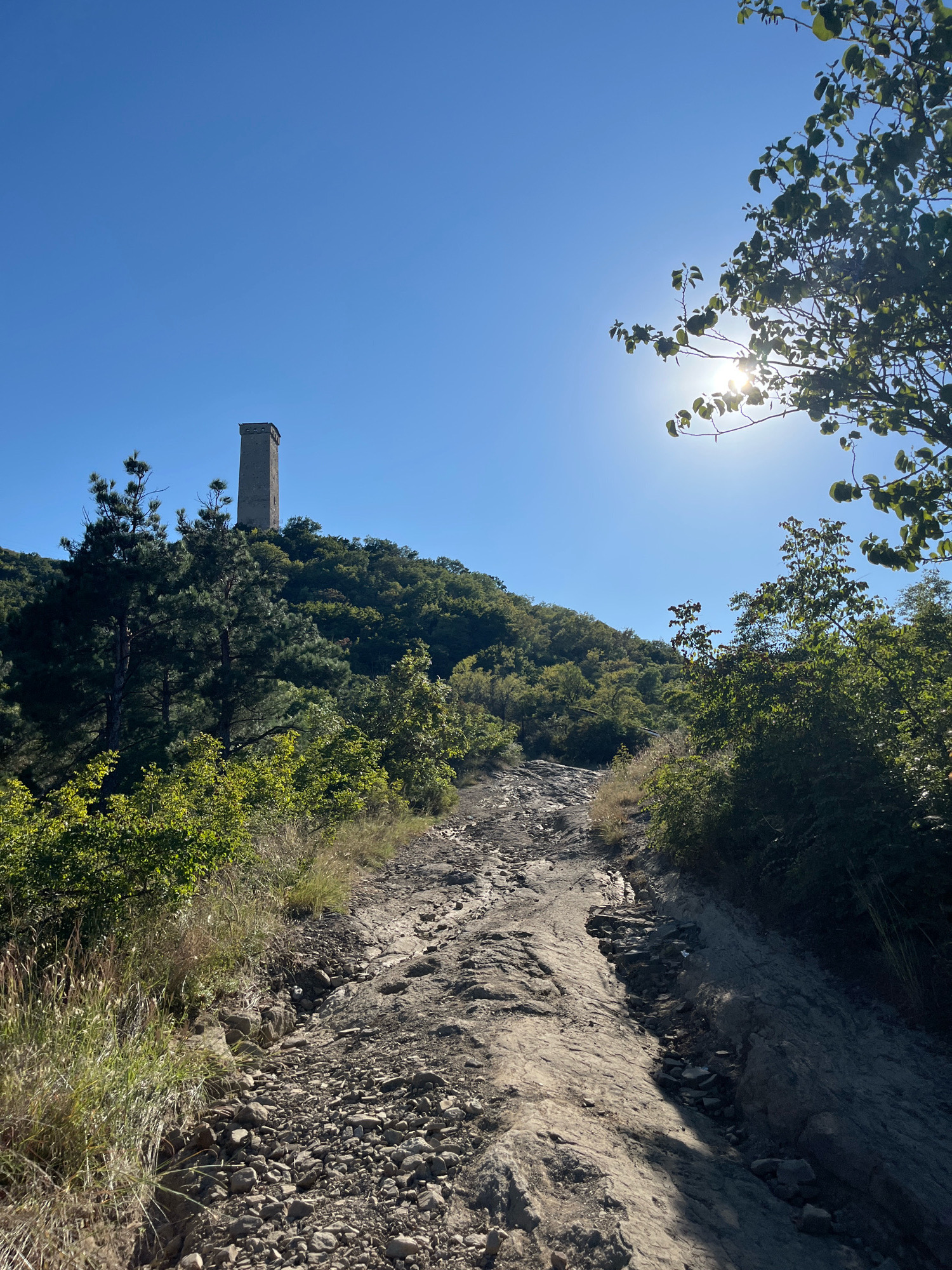 A tall, rectangular stone tower stands atop a tree-covered hill against a clear blue sky. The sun is visible to the right, with its rays filtering through tree branches. In the foreground, a rocky, uneven dirt path leads uphill. The environment appears to be a natural landscape with dense vegetation and rough terrain, consistent with the area surrounding Narikala Fortress in Tbilisi, Georgia. There are no people or animals visible in the image.