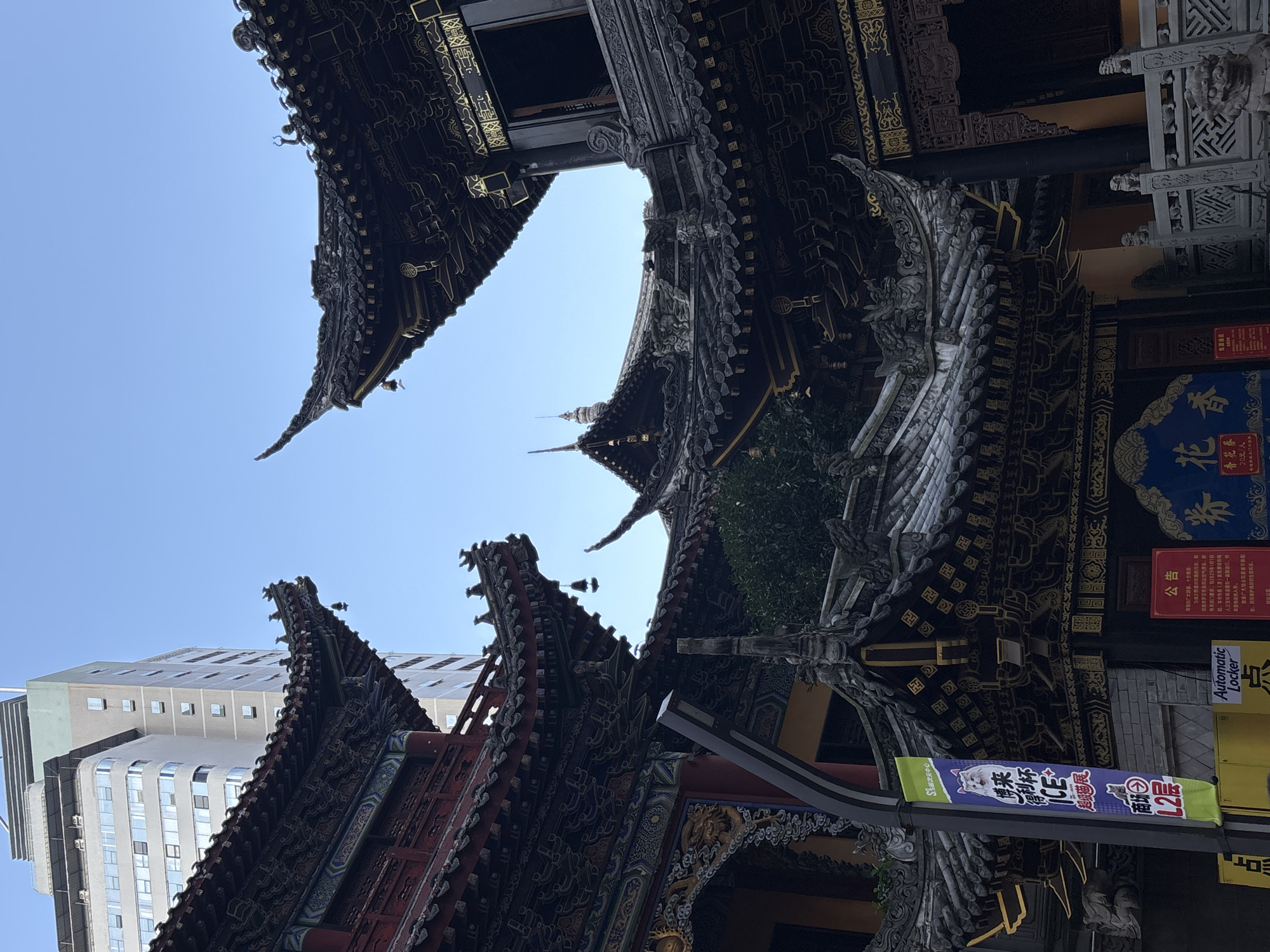 The image shows the exterior of a traditional Chinese temple complex, with its ornate, multi-tiered roofs and intricate architectural details. The temple's dark, tiled roofs are adorned with decorative elements, including small bells that hang from the eaves. In the background, a modern, multi-story building rises into the clear blue sky, creating a stark contrast between old and new. The temple is located in Yuzhong District, China. The scene is captured from a low angle, emphasizing the grandeur of the temple's architecture. There are no people visible in the image. A banner with Chinese characters and an image of a dog hangs on a pole in the foreground.