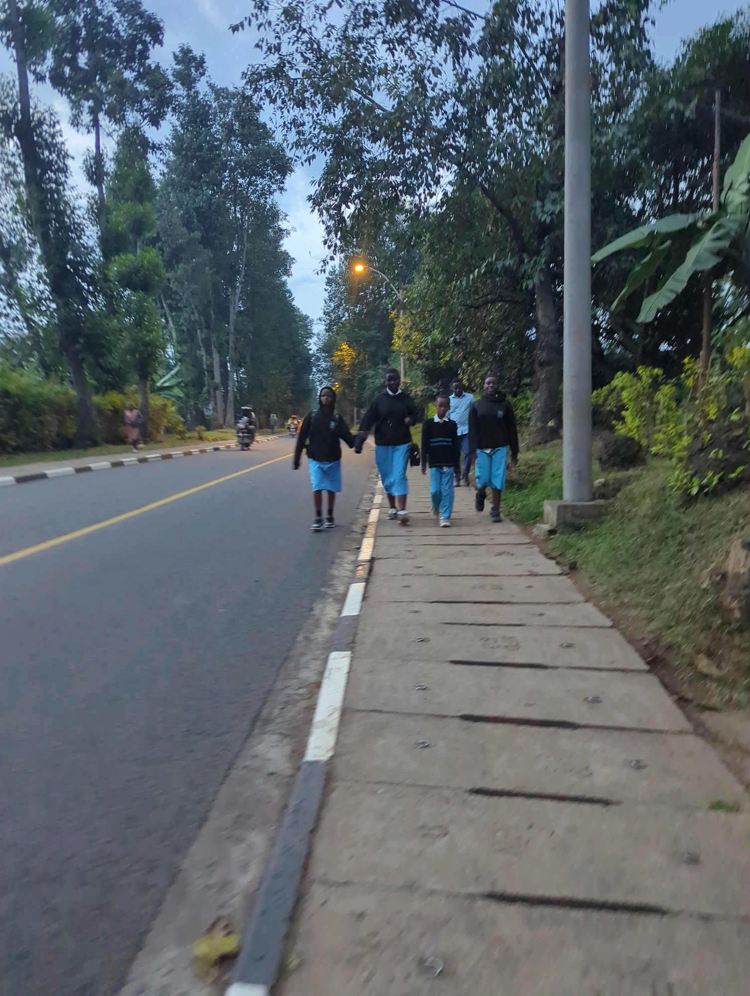 In Musanze District, Rwanda, a group of four individuals walks along a concrete sidewalk next to a paved road. The individuals appear to be two adults and two children. They are all wearing casual clothing. The adult on the far left wears a dark blue long-sleeved shirt and a light blue skirt, while the adult next to them wears a black hooded sweatshirt and light blue shorts. The child in the middle wears a black and blue striped long-sleeved shirt and blue pants. The adult on the far right wears a black hooded sweatshirt and light blue shorts. They are walking in the same direction, with the two adults in front and the two children behind.
The road has a yellow double line in the center and is lined with trees on either side. A lamppost stands on the right side of the sidewalk. In the background, more trees and vegetation are visible, along with a few motorcycles. The sky is overcast. The scene appears to be from the late afternoon or early evening.