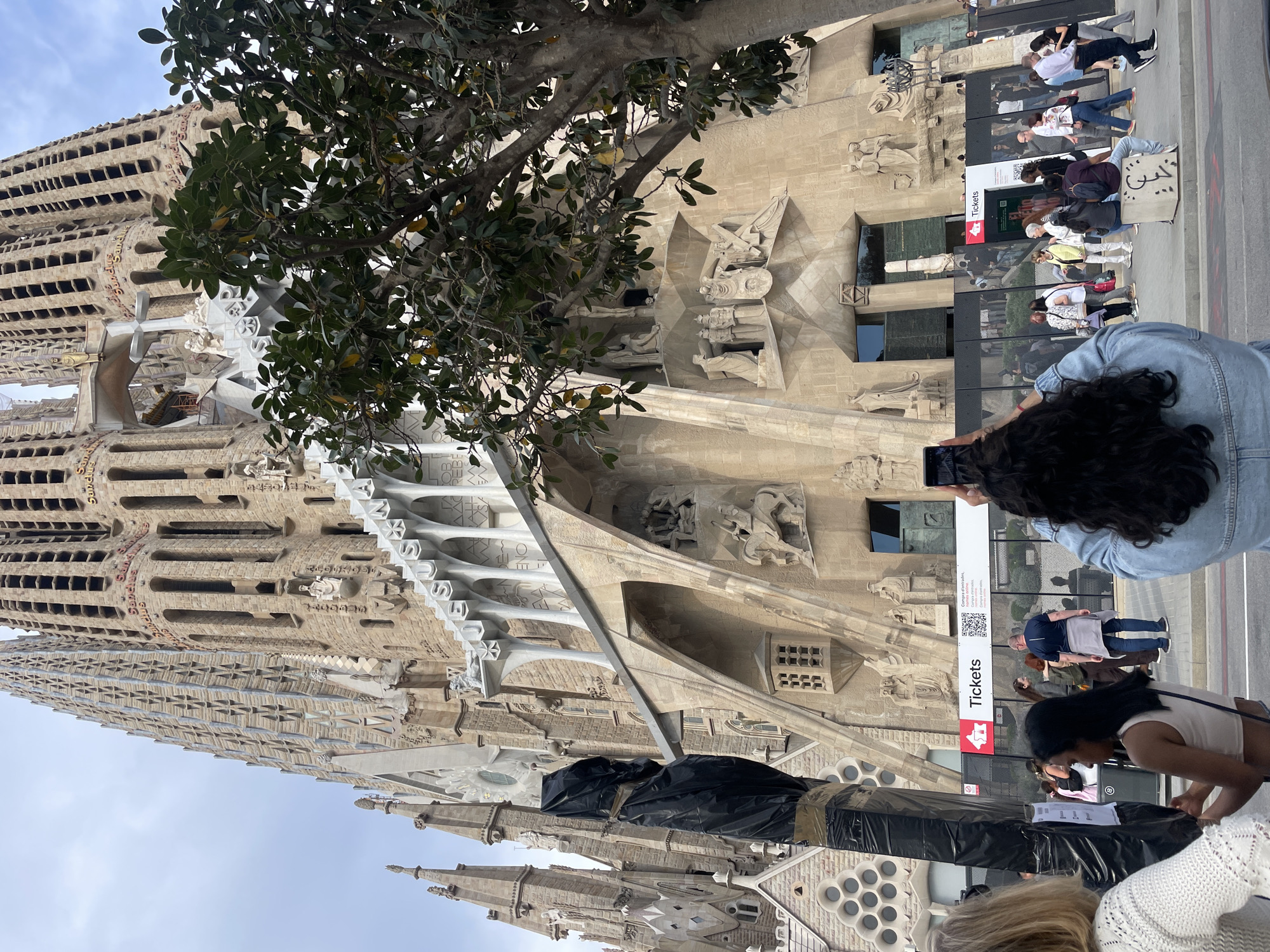 The Sagrada Familia church, located in Barcelona, Spain, dominates the scene. A large tree with green leaves partially obscures the view. People are visible in the foreground, some standing in line near a "Tickets" sign. One person is taking a photo of the church with their mobile phone. The building's facade is intricately decorated with stone carvings. A black covering is visible on one of the spires. The sky is overcast.