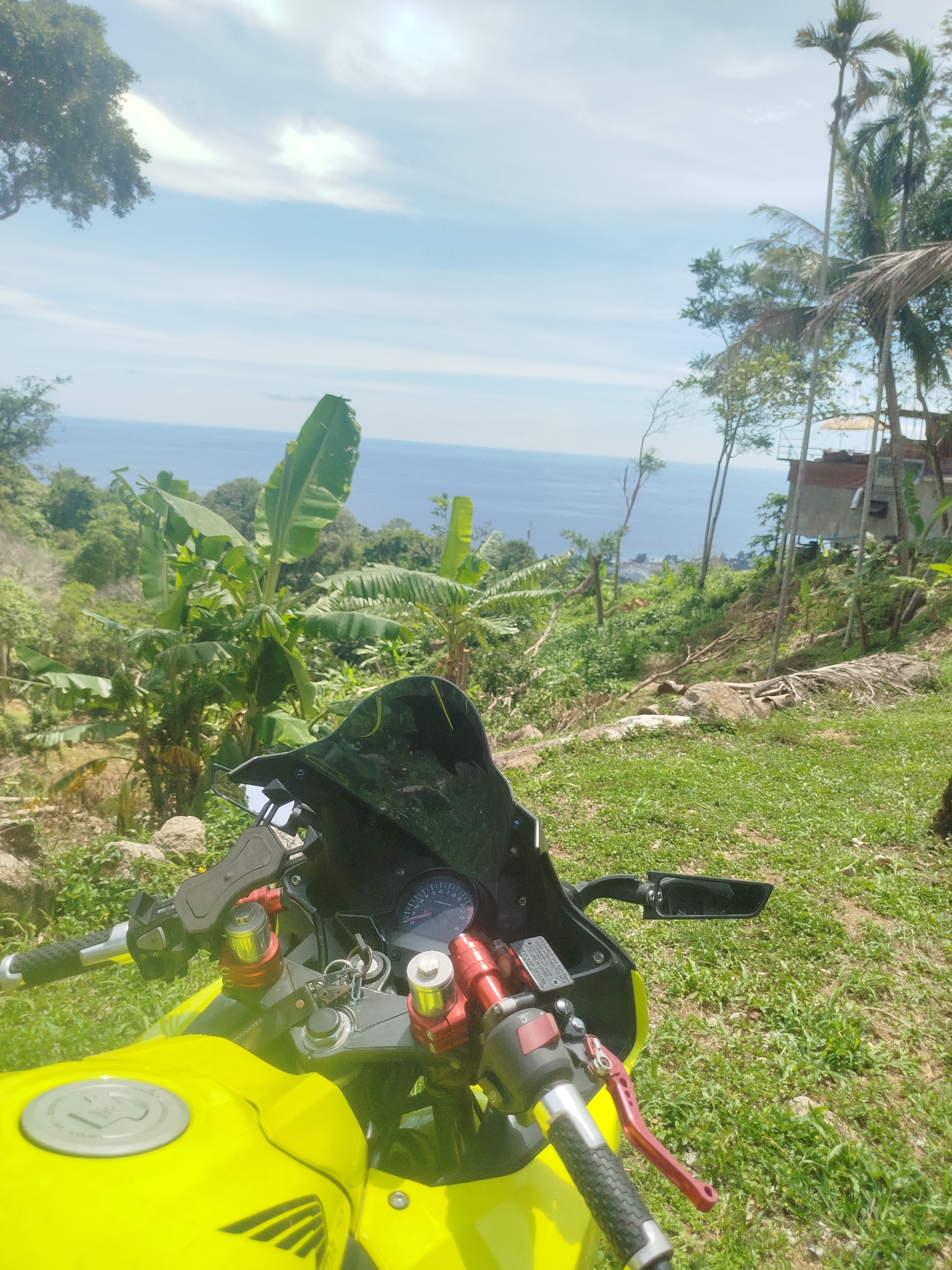 The image shows a yellow motorcycle parked on a grassy slope overlooking the ocean. The motorcycle is in the foreground, with its handlebars, dashboard, and part of its fuel tank visible. The background features lush green vegetation, including banana trees and palm trees, leading down to a body of water that appears to be the ocean. The sky is blue with some white clouds. The overall impression is a scenic and natural environment, possibly a viewpoint or a resting spot. There is a building visible in the distance among the trees. The scene does not contain any people. The location is described as Karon, Thailand, which suggests a tropical coastal setting.