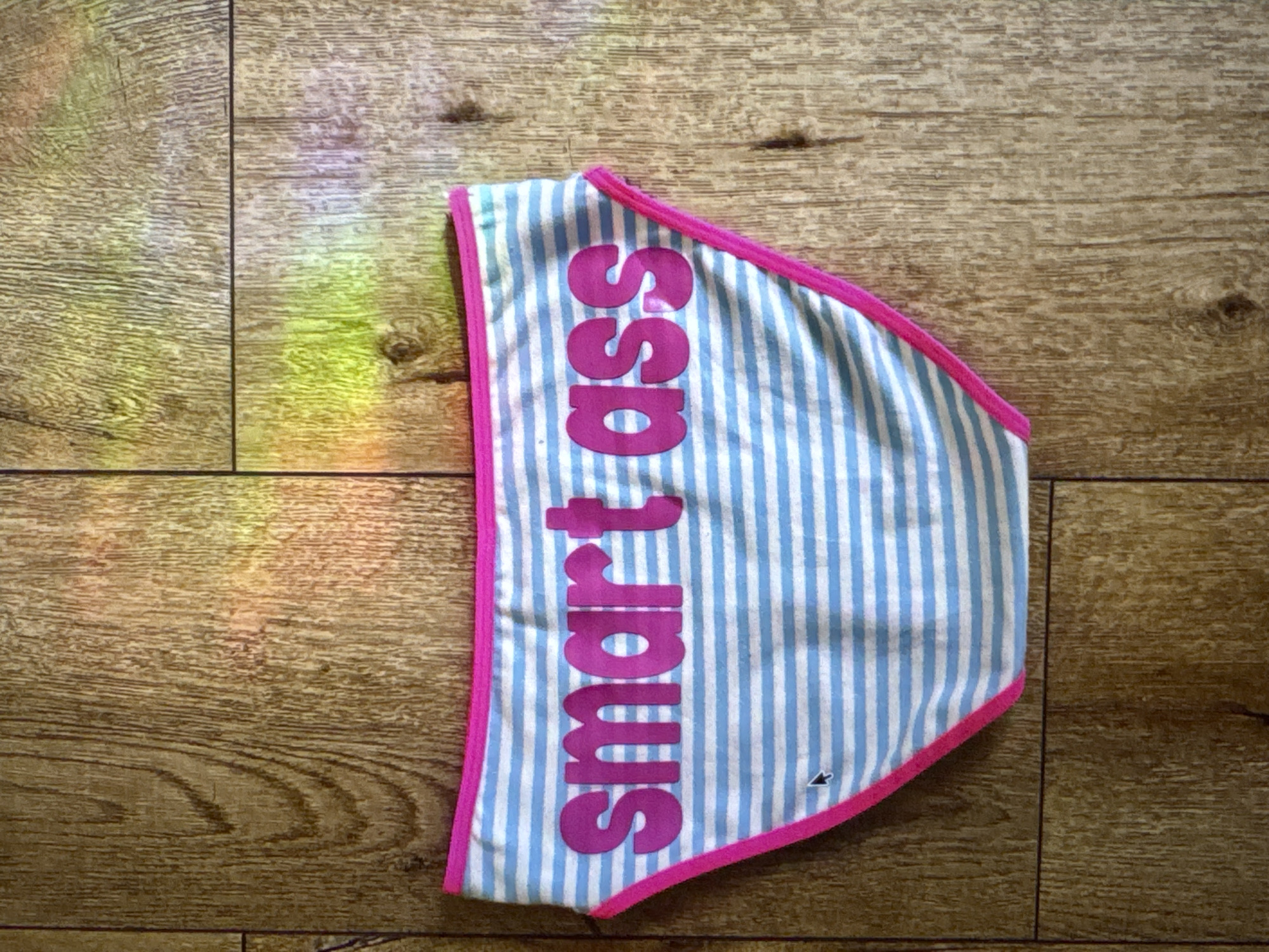 This media file shows a close-up, overhead view of a blue and white striped bandana with pink trim. Large, pink letters spelling out "smart ass" are printed vertically on the bandana. The bandana is placed on a wooden surface that appears to be a floor, with visible grain and texture. A faint rainbow-like light is cast across the left side of the bandana and the wooden surface, suggesting the presence of light refracting through a prism or water. The setting appears to be indoors or in a covered outdoor space, given the lighting conditions. There is no discernible activity or event taking place; the bandana is simply laid out. The location context is Kuta Selatan, Indonesia.