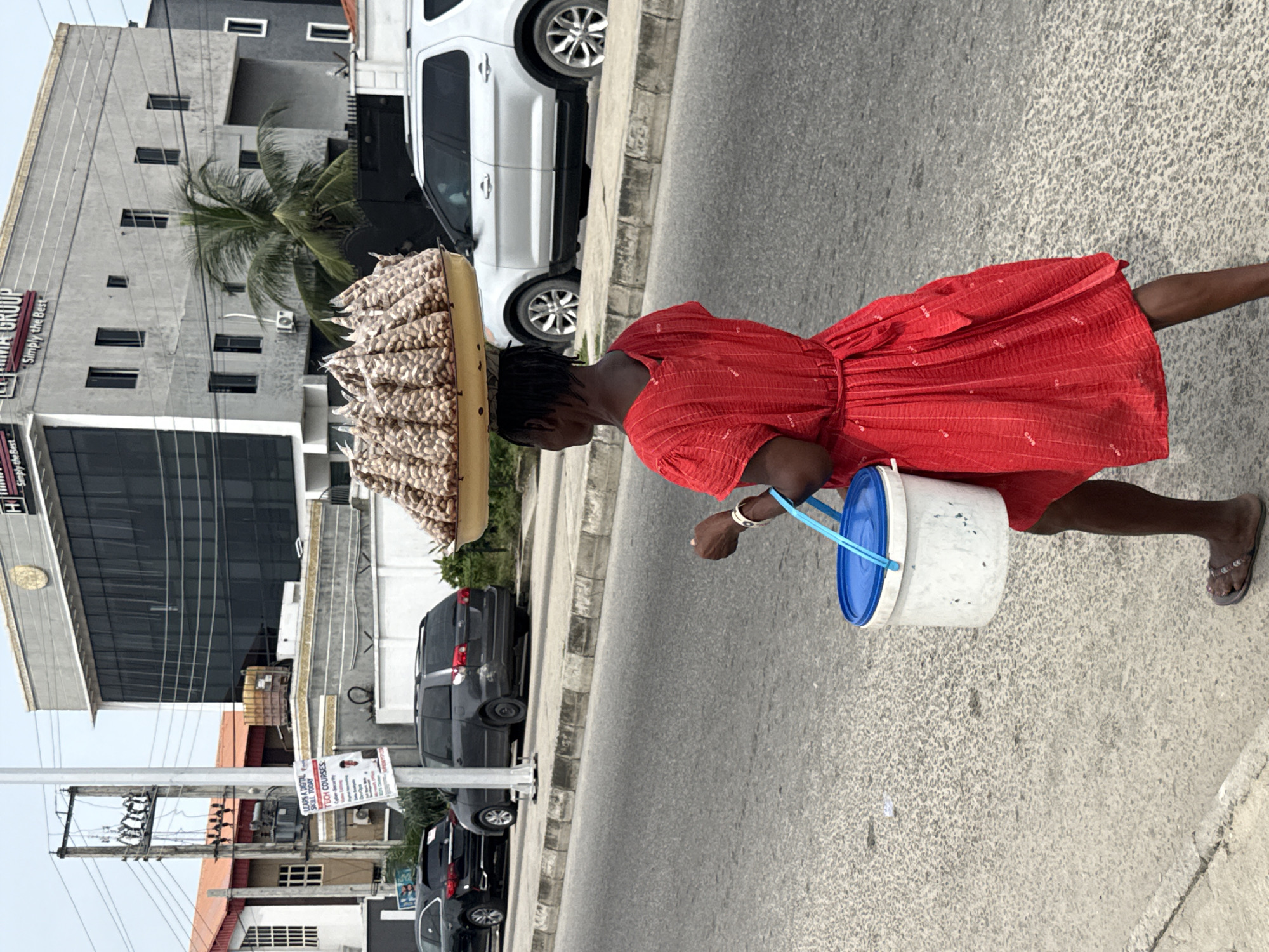 A woman in a red dress walks along a city street in Ado, Nigeria. She carries a large tray of peanuts on her head and a white bucket with a blue lid in her hand. The street is lined with buildings and parked cars, including a white SUV. Overhead electrical wires are visible, as are advertisements for technology courses. A building with the sign "LEARS A DIGITAL SKILL TODAY" and "ELIZADE GROUP Simply the Best" is on the left side of the image.