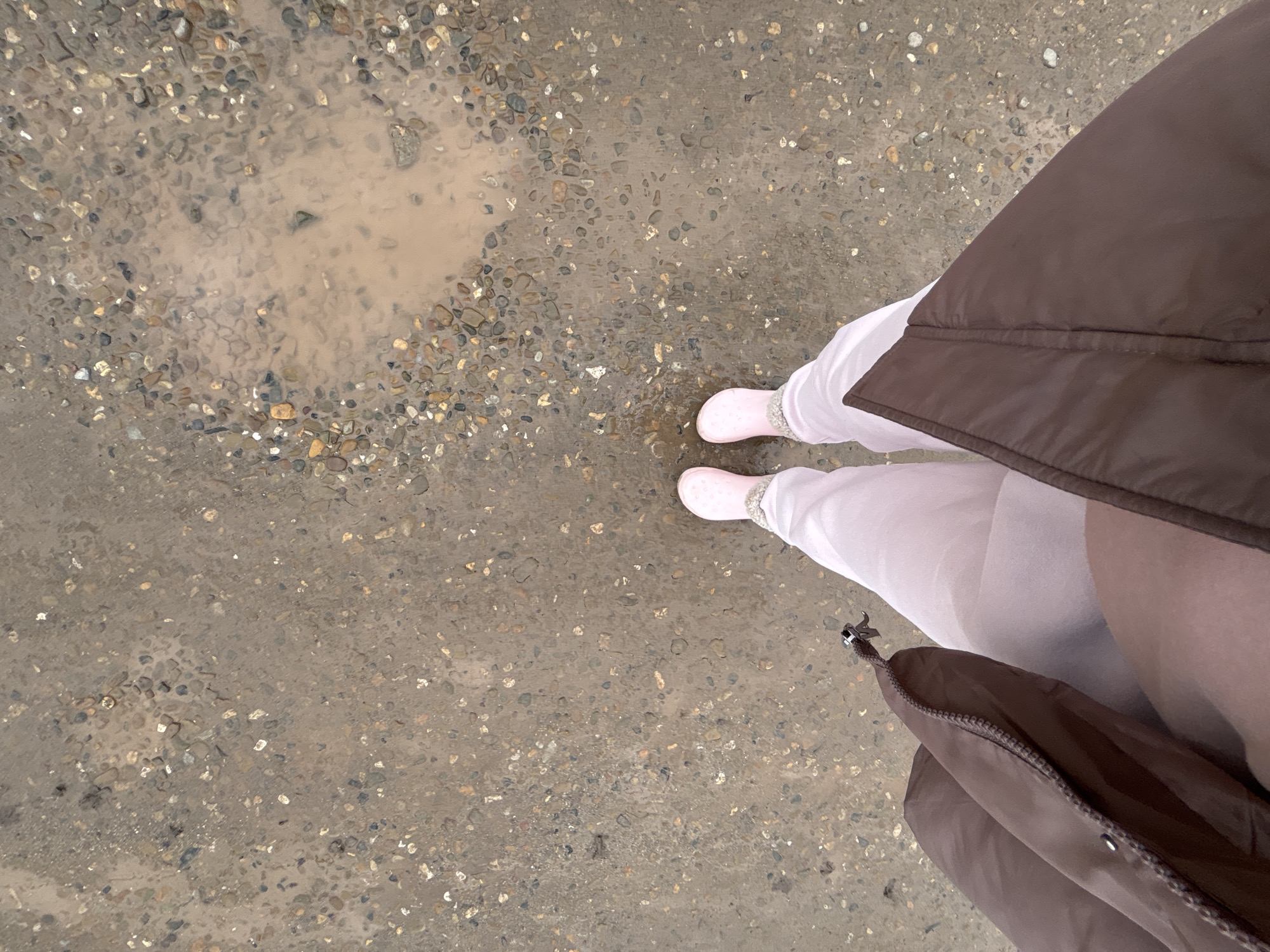 The image shows a first-person perspective of a person standing on a wet, pebbled ground surface in what appears to be an outdoor setting. A puddle of muddy water is visible in the upper left of the frame. The person is wearing light-colored pants and pink shoes. Part of a brown, puffy jacket or coat is visible on the right side of the image. The location is specified as Ферма, Russia.