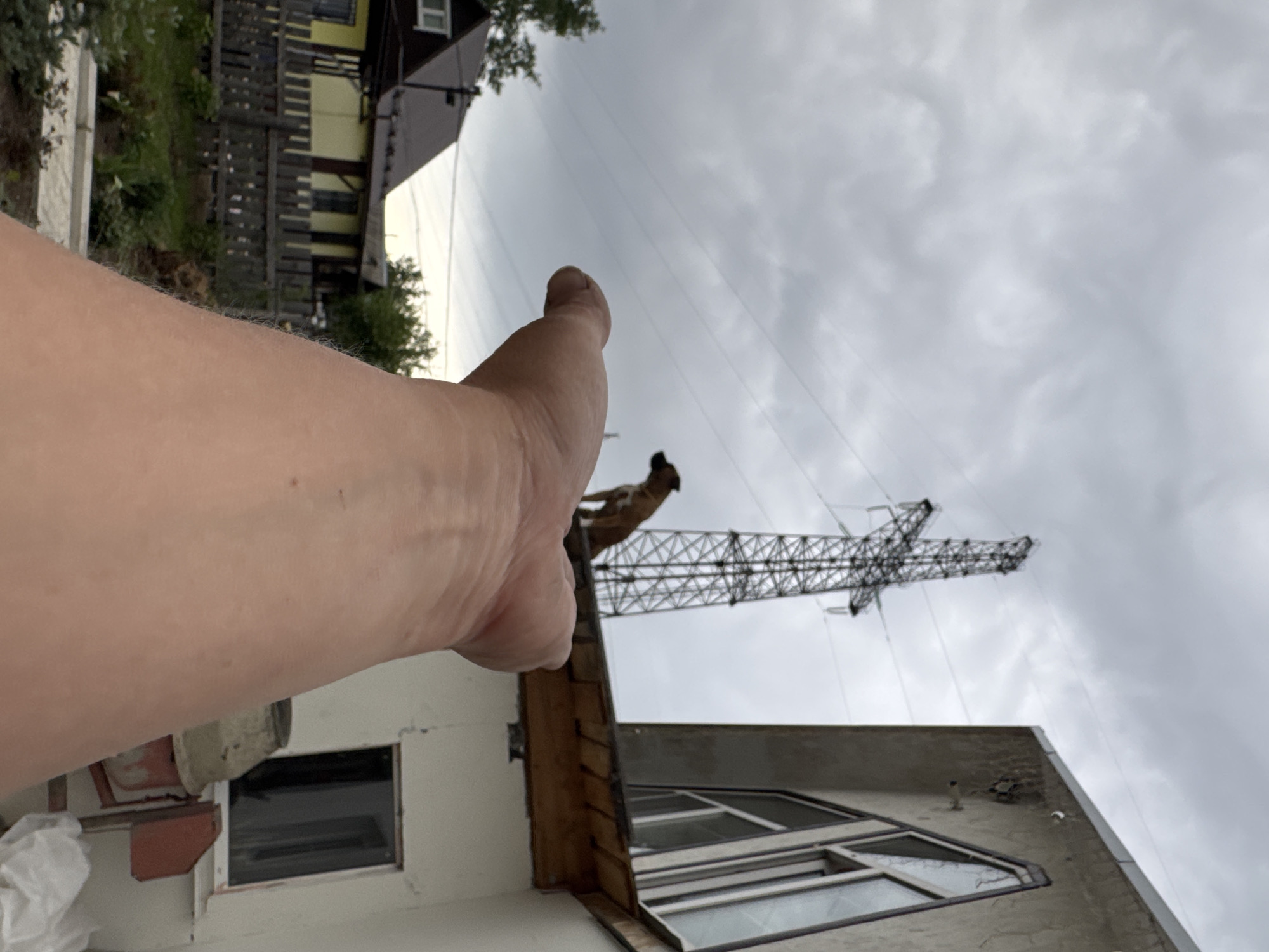 The image shows a person's hand pointing towards a power line support structure in Chaikovsky, Russia. The background includes a cloudy sky and a building with windows. Part of a wooden fence and foliage are visible in the upper left of the frame. The perspective is from a low angle.