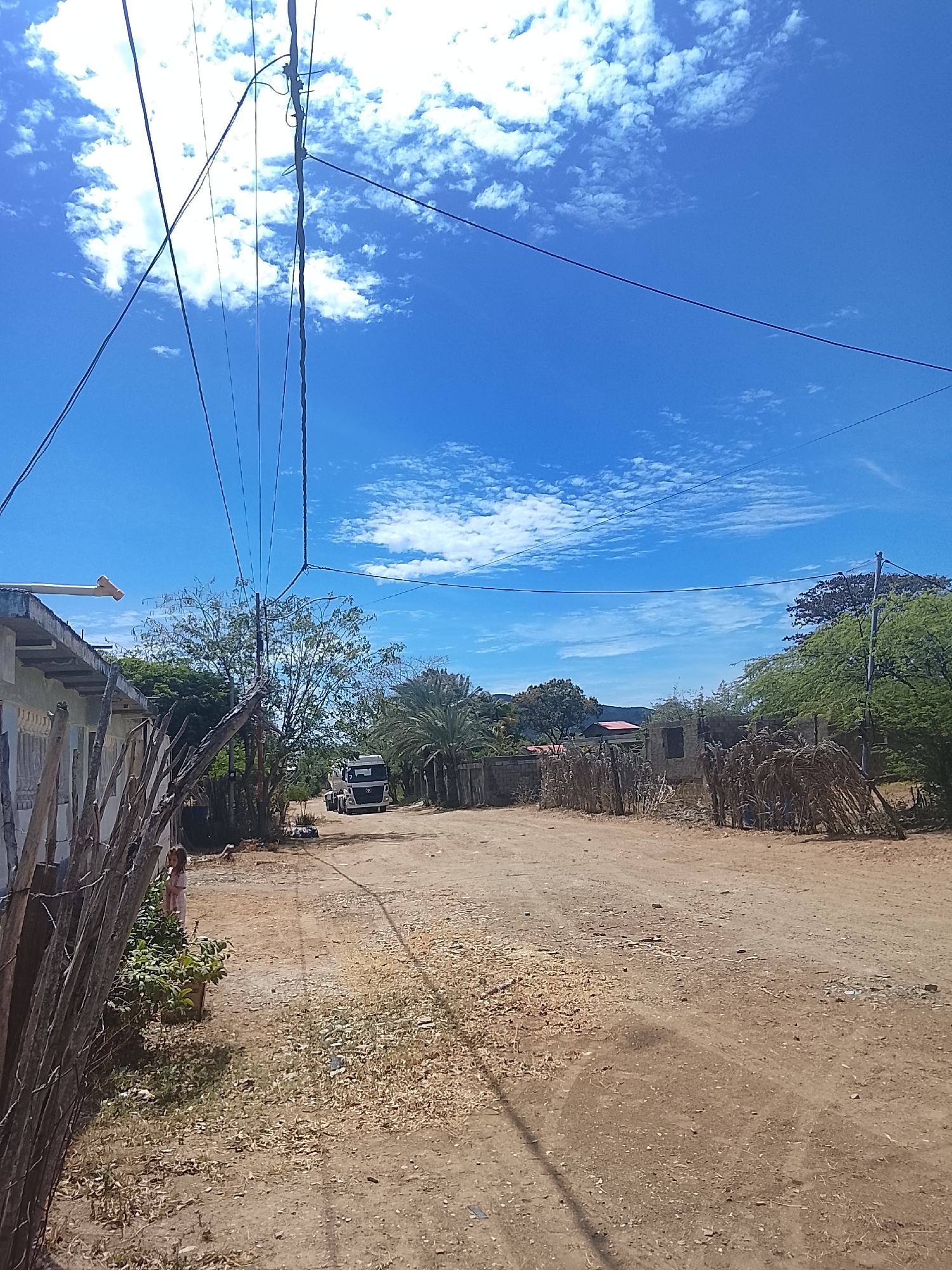 The image depicts a dirt road in Altagracia, Venezuela under a bright, blue, partly cloudy sky. Electrical wires stretch across the top of the frame. A child stands next to a fenced-in property on the left side of the road. In the distance, a white truck is parked on the road. The road is lined with buildings and trees on both sides, some of which appear to be under construction or in disrepair. A fence constructed from straw is on the right side of the road.