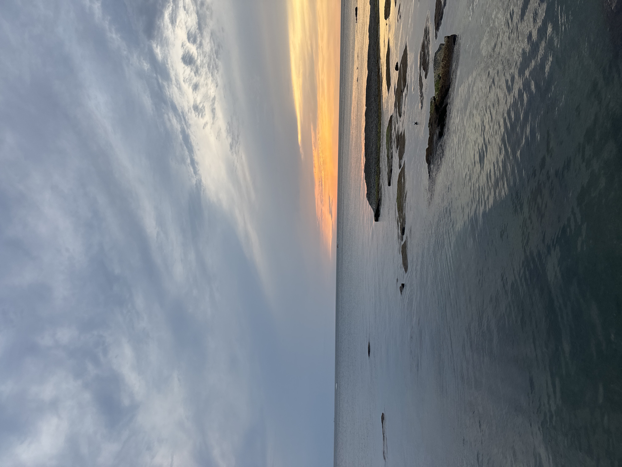 A wide-angle shot captures a tranquil seascape at dusk, presumably in Aktau, Kazakhstan, given the context. The sky is a gradient of soft grays and muted blues, transitioning into a warm, vibrant band of orange and yellow near the horizon, indicative of a sunset. Scattered clouds, elongated and wispy, stretch across the upper portion of the frame. The sea is calm, reflecting the subdued light and colors of the sky, with gentle ripples disturbing its surface. In the foreground and mid-ground, a series of flat, dark rocks emerge from the water, some partially submerged and others dry, with patches of green algae visible on their surfaces. A single bird stands on one of the rocks, its silhouette small against the vastness of the water and sky. The overall impression is one of serene natural beauty, a quiet moment at the edge of the Caspian Sea.