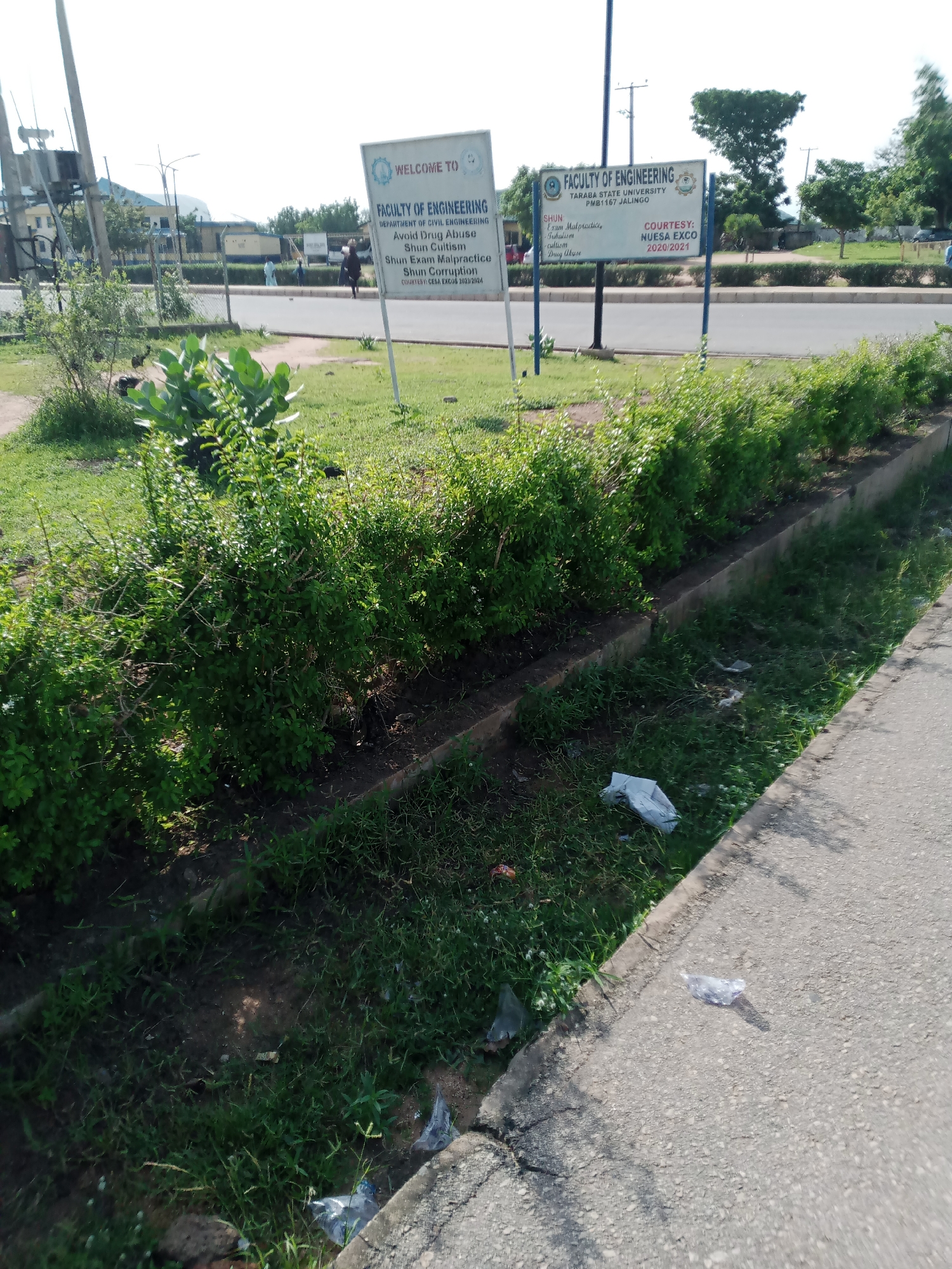The image captures a roadside scene in Jalingo, Nigeria, likely near an educational institution based on the signage. Two white signs are prominently displayed. The sign on the left reads "WELCOME TO FACULTY OF ENGINEERING DEPARTMENT OF CIVIL ENGINEERING". Below this, it lists "Avoid Drug Abuse", "Shun Cultism", "Shun Exam Malpractice", and "Shun Corruption", with "COURTESY: CESA EXCO 2023/2024" at the bottom. The sign on the right is partially obscured but shows "FACULTY OF ENGINEERING" and "TARABA STATE UNIVERSITY PMB 1167 JALINGO". It also lists "COURTESY: NUESA EXCO 2020/2021".
In the background, there are a few individuals walking along a paved road. The foreground is dominated by a well-maintained stretch of green bushes lining a concrete planter box. Beyond the planter, a grassy area extends, with some litter visible on the ground and along the edge of the road. The road itself is paved, and sunlight casts shadows from the vegetation. The environment appears to be an outdoor, urban setting with a clear sky and distant trees.