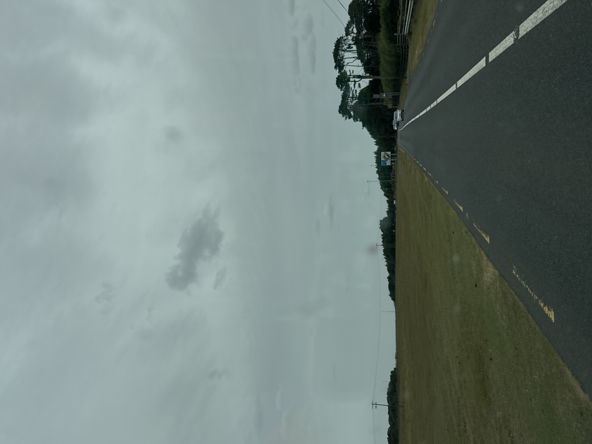 The image depicts a rural road scene on a cloudy day. The road is asphalt with white and yellow markings, indicating a lane division. To the left of the road is a large field of dry grass, with a few scattered dark objects. In the distance, along the horizon, are trees and some utility poles. On the right side of the road, there is a dense line of trees and a wooden fence. A few cars are visible on the road in the distance, heading away from the camera. The sky is overcast with gray clouds. The location is identified as Lumville, Ireland.