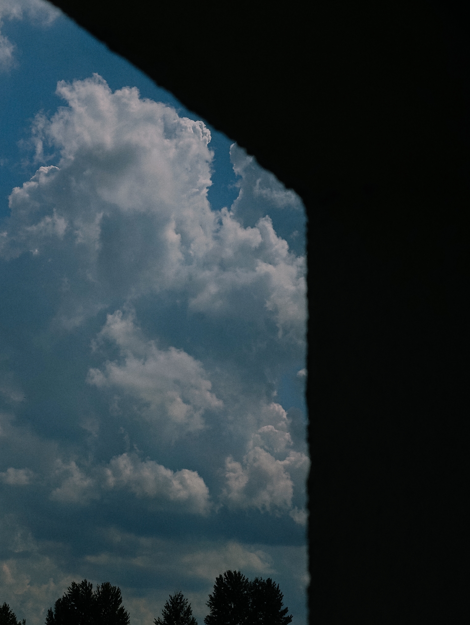 A cloud-filled sky is visible beyond a dark, jagged silhouette in the foreground. The clouds are white and fluffy, with some darker gray areas, indicating depth and texture. The sky is a bright blue. Below the clouds, silhouetted against the sky, is a line of trees. The scene appears to be an outdoor environment.