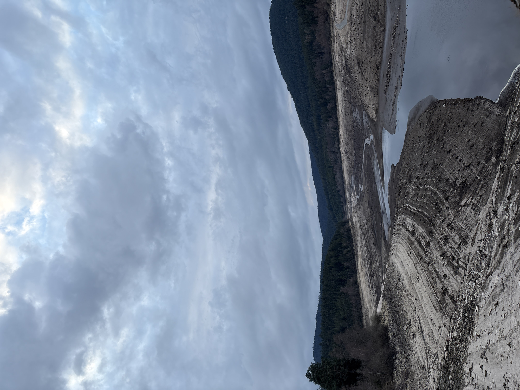 The image depicts a landscape with a cloudy sky above. There's a densely forested mountain range adjacent to a body of water that appears to be a lake or reservoir. The shoreline is visible, exposing layers of sediment and rock formations. The image may be taken at Warndtweiher in Forbach, Germany, although this cannot be conclusively confirmed.
