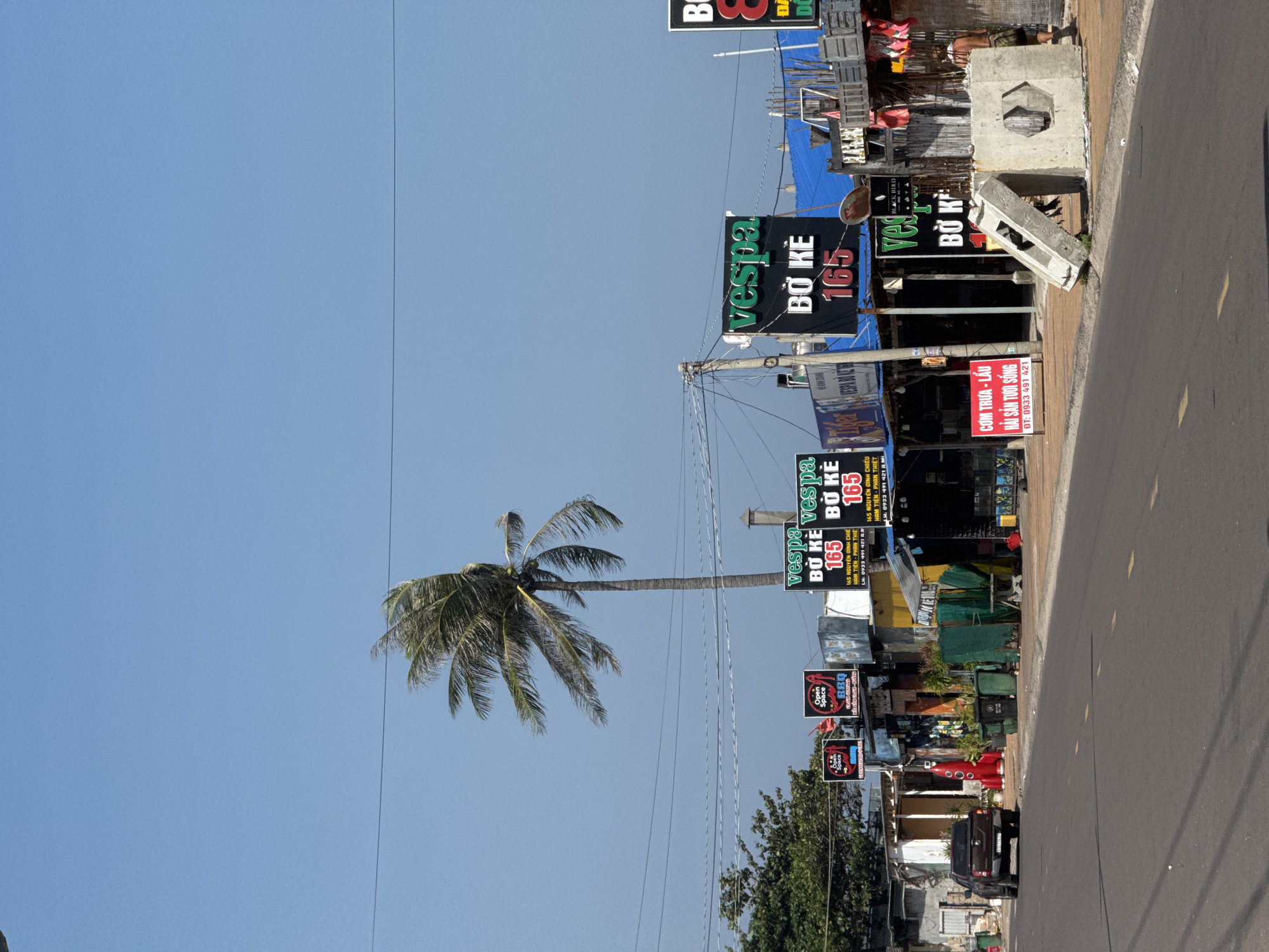 The image shows a street scene in Mũi Né, Vietnam, with a focus on roadside businesses. A tall, windswept palm tree dominates the upper left portion of the frame against a clear blue sky. Below the tree, a row of small shops and stalls line the right side of a paved road. Several signs are prominently displayed, advertising "Vespa Bồ Kè 165" with phone numbers. Other signs indicate "Open Space BBQ" and "Com Trưa - Lau Hai San Tuoi Song" (Lunch - Fresh Seafood). A dark-colored pickup truck is parked on the left side of the road, and a person, appearing to be a male, stands near the buildings on the right. The environment is characterized by a sunny day, a coastal atmosphere suggested by the palm tree and seafood offerings, and a developing commercial area along a main thoroughfare. Concrete barriers are placed on the sidewalk in the foreground.