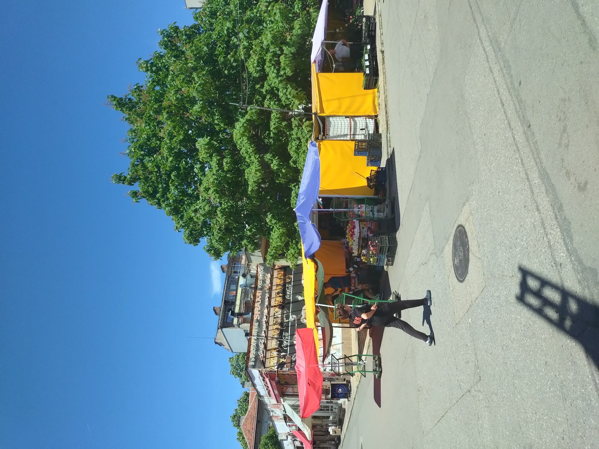 The image depicts a street scene in Stara Zagora, Bulgaria, on a sunny day with a clear blue sky. A mature tree with dense green foliage dominates the upper portion of the image. The street features a row of market stalls with colorful awnings in shades of yellow, blue, and red. These stalls appear to be selling various goods.
A person in dark clothing is walking along the street.
Buildings are visible behind the stalls. The buildings are adorned with signs in Bulgarian, including Coca-Cola advertisements.
The street itself is paved and shows signs of wear.