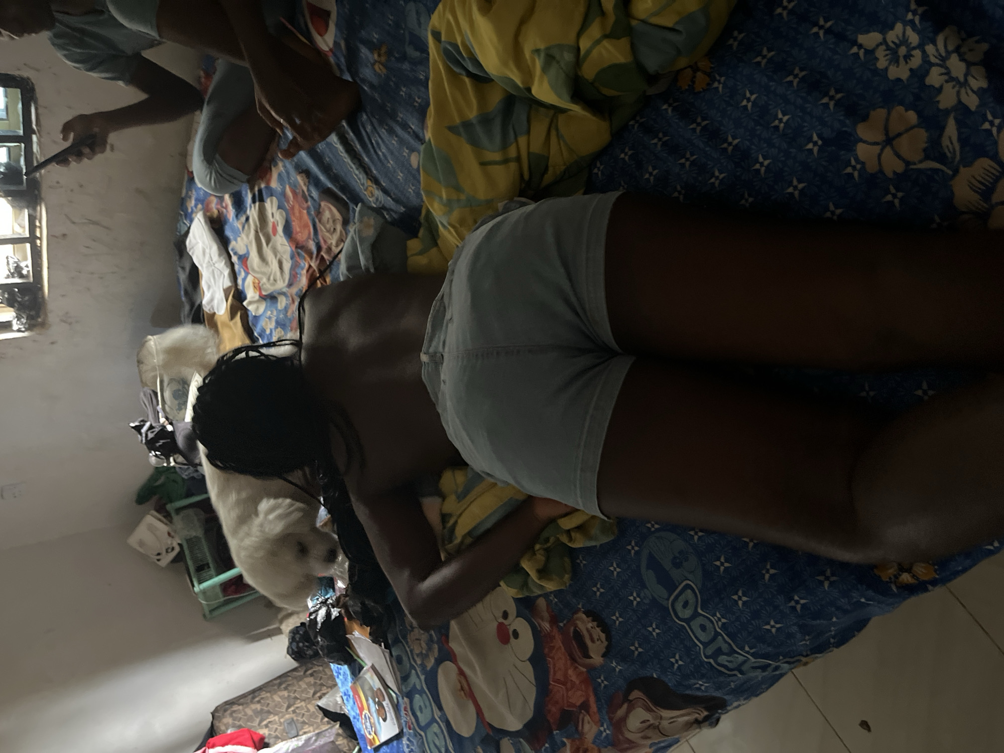 The image depicts a person lying on a bed, facing away from the camera. They are wearing light blue shorts and a light blue top. The bed is covered with a blue sheet adorned with a floral pattern and cartoon characters. A yellow and green patterned blanket is also on the bed. To the left of the person, a white dog is visible. In the background, there are shelves with various items, including what appears to be a fan and some bags. There's also a glimpse of a window with bars. The overall setting suggests a bedroom in a home. The lighting in the image is dim, hinting at it being either early morning, late evening, or an interior space with limited light. The scene appears to be domestic and casual.