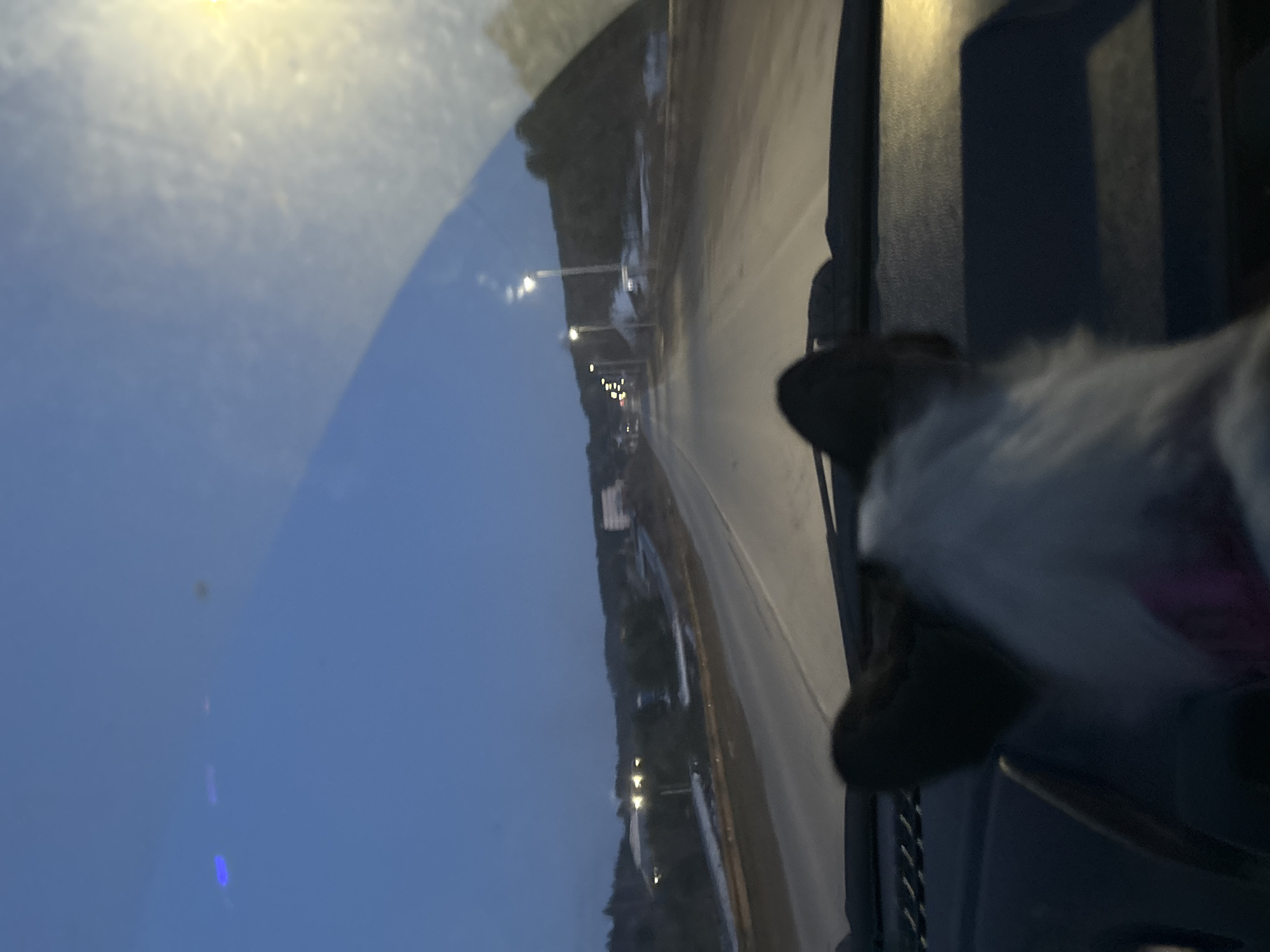 The image shows a view from inside a vehicle, likely a car, looking out through the windshield. The scene outside appears to be a road or street in Ольховка, Russia, judging by the presence of streetlights and buildings in the distance. The time is dusk or dawn, given the lighting conditions. In the foreground, part of a person is visible in the vehicle.