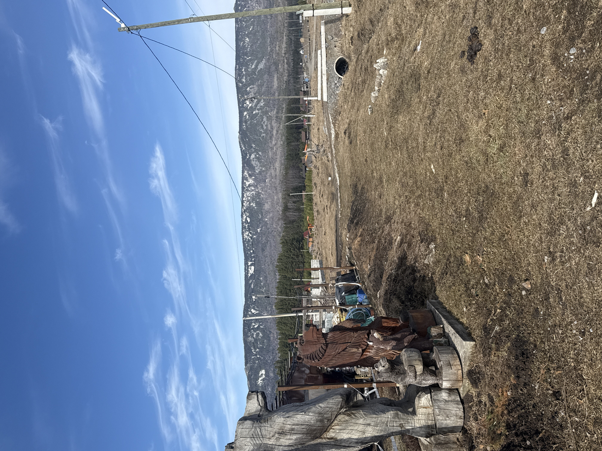 The image shows an outdoor scene in Tyulyuk, Russia, on a sunny day with a blue sky and some cirrus clouds. In the foreground is a large, carved wooden sculpture. Behind the sculpture, there's a partially constructed or disassembled building with some equipment and materials visible. Power lines run overhead. In the background is a landscape with trees and snow-capped mountains. The ground is covered with dry grass. A concrete culvert is visible to the right of the construction site.