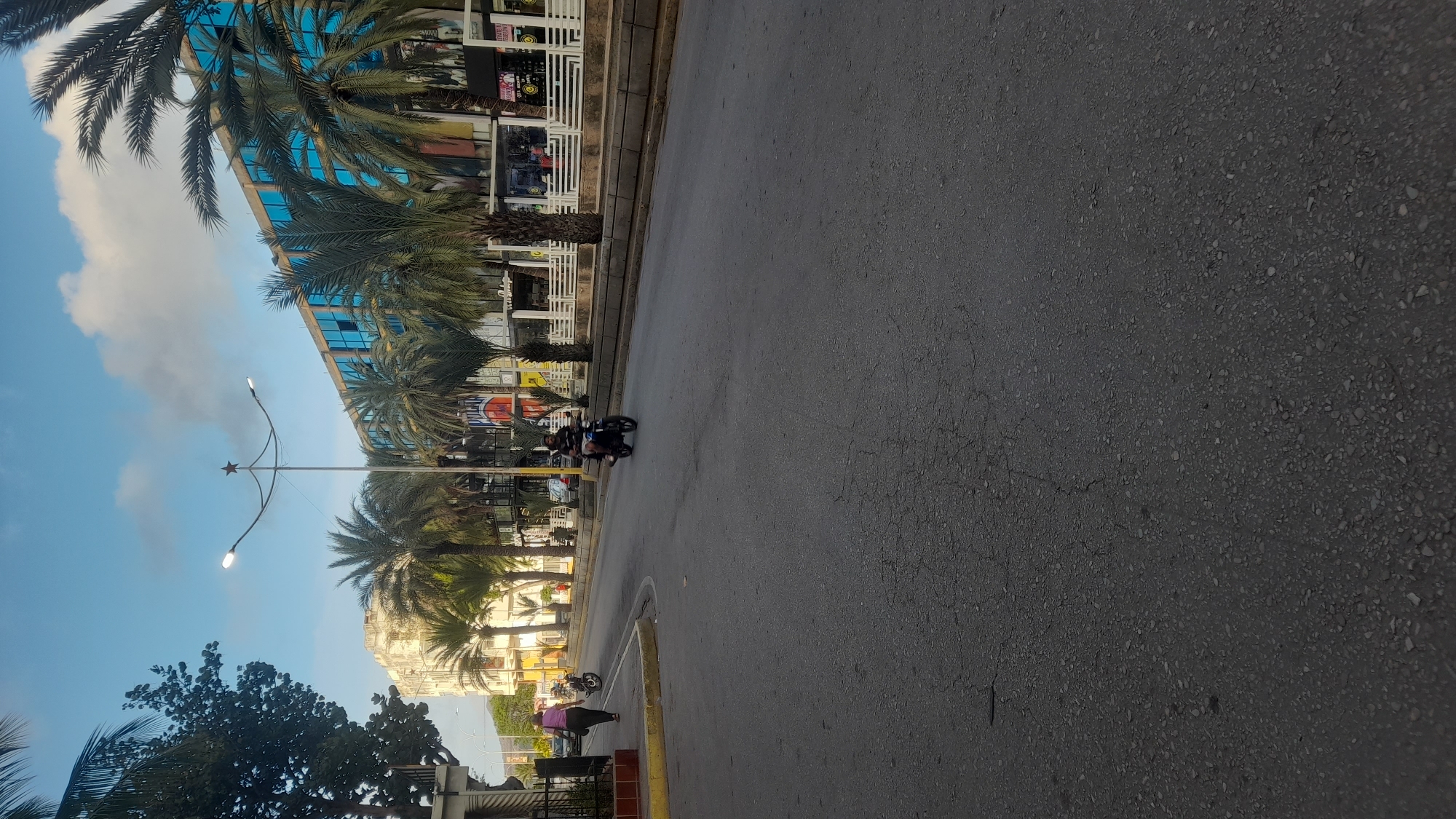The image depicts a street scene in Juan Griego, Venezuela. A two-lane asphalt road occupies the foreground, with the right lane featuring a motorcycle with a rider. To the left of the road, a woman walks away from the camera, with a motorcycle parked behind her. Beyond the sidewalk, palm trees line the street in front of a modern building with blue-tinted windows. A lamppost with a star ornament is visible in the middle distance. The sky is clear with a few scattered clouds. The overall impression is of a typical urban street in daylight, with pedestrian and vehicular activity.