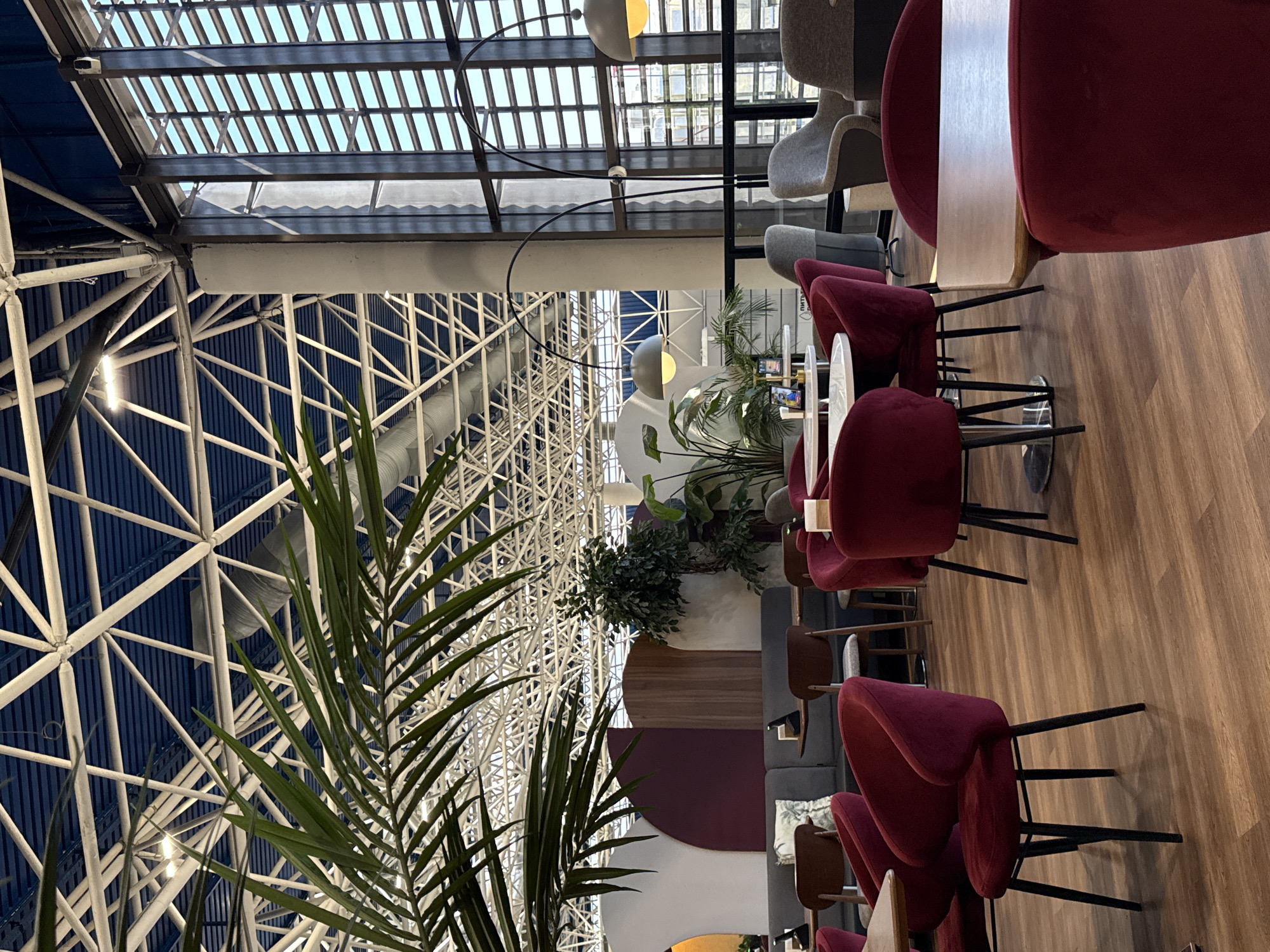 The image depicts the interior of a modern cafe, likely located within a large, architecturally complex building. The ceiling features a prominent white metal truss system against a dark blue background, with exposed ductwork and lighting fixtures. A large palm frond is positioned in the foreground, obscuring a portion of the view. The cafe area is furnished with an assortment of tables and chairs. Several round white tables are accompanied by plush, burgundy-upholstered chairs with black legs. In the background, there is a long, grey upholstered bench with decorative cushions, and other seating arrangements including grey armchairs. A large, floor-to-ceiling window with a grid pattern of panes dominates the right side of the image, allowing natural light to filter in. Several tall, arc-shaped floor lamps with grey shades are visible. Potted plants are strategically placed throughout the space, adding to the ambiance. The flooring is a light-brown wood laminate. While the specific location is not explicitly stated within the visual information, the context of a modern, well-lit interior with extensive glass and architectural features suggests a public space such as an airport terminal, shopping mall, or exhibition center. It is impossible to definitively place this scene in Sochi, Russia, based solely on the image's content.