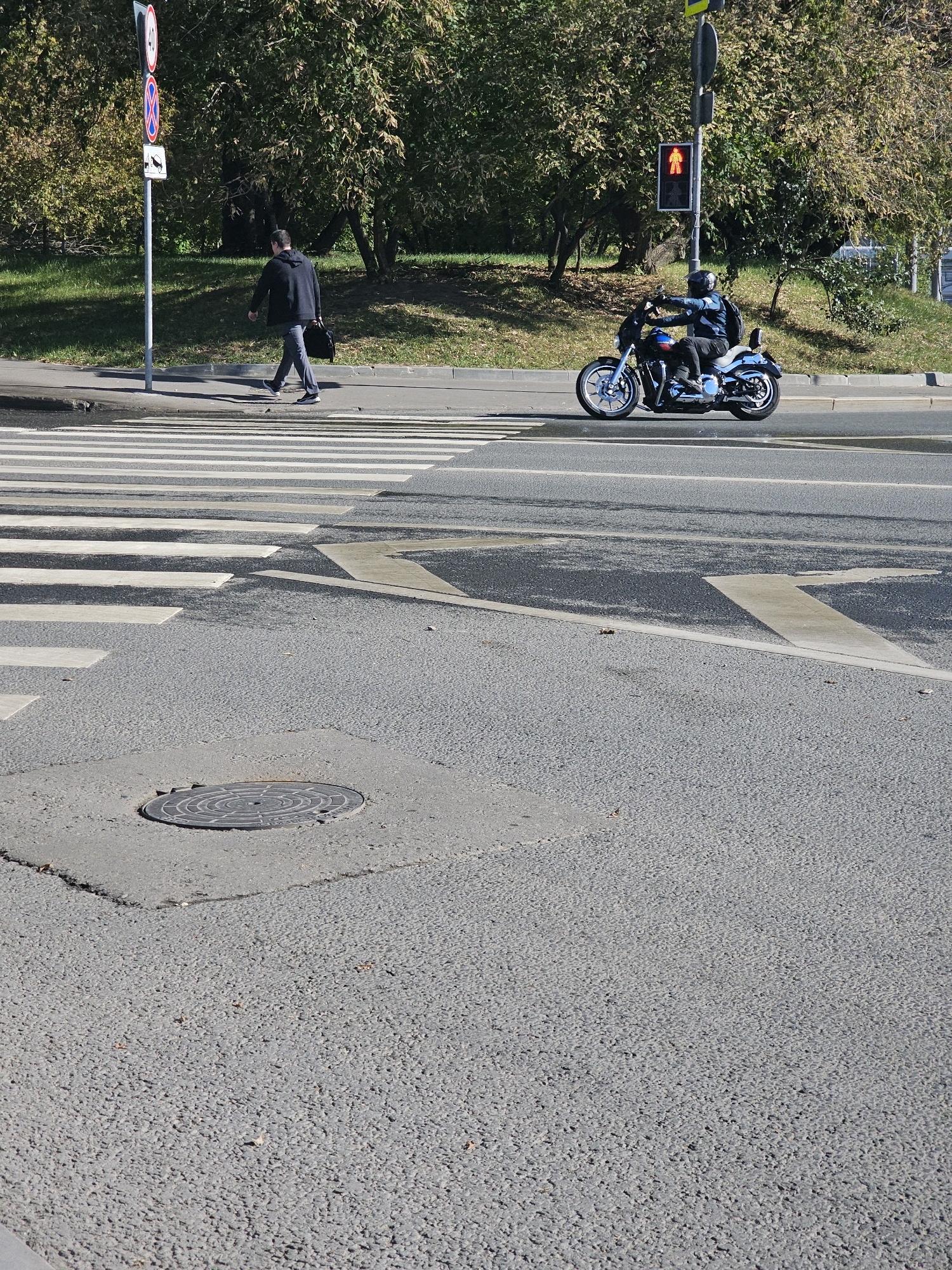 This is a medium-angle, eye-level shot of a pedestrian crossing in Moscow, Russia, on a clear, sunny day. In the foreground, the asphalt is textured with visible gravel. A circular manhole cover is embedded in the road. The pedestrian crossing, marked with white and grey stripes, spans the road. Further back, a person in a dark jacket and grey pants walks across the pedestrian crossing, carrying a black briefcase. To the right of the pedestrian, a motorcyclist wearing a helmet and a blue and black jacket rides a motorcycle on the road. The motorcycle has a windshield and appears to be blue and red. A traffic light overhead shows a red pedestrian signal. Behind the road, trees with green and yellow foliage line a grassy embankment. A signpost with multiple traffic signs stands near the pedestrian crossing.