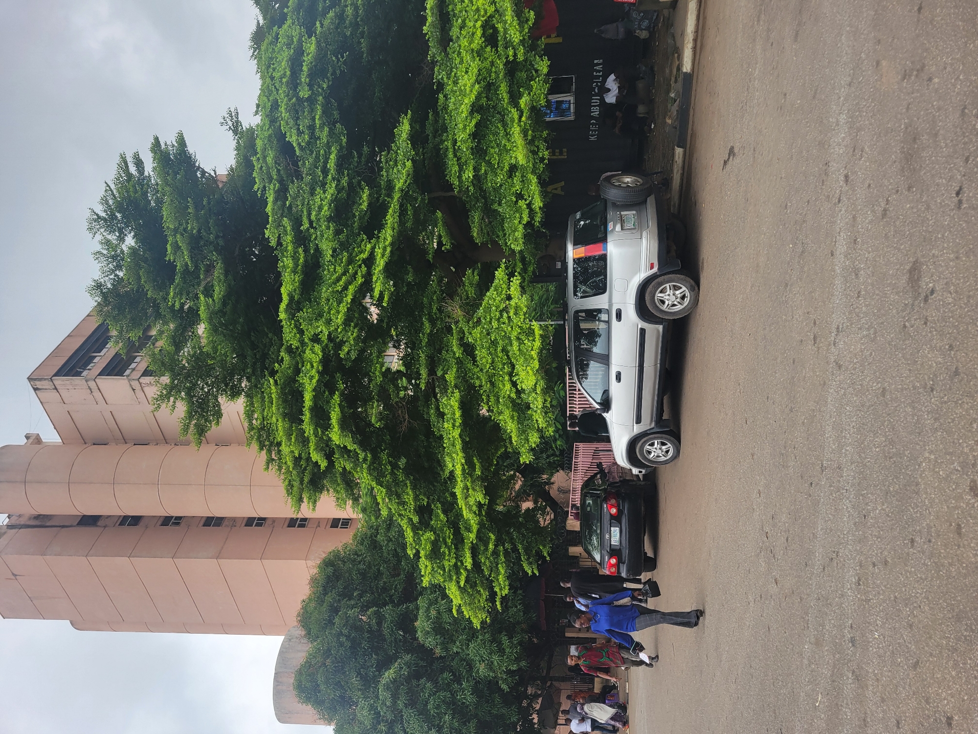 The image depicts a street scene in Abuja, Nigeria, with a large, light pink, multi-story building dominating the background. Lush green trees with dense foliage partially obscure the building and extend across the mid-ground. In the foreground, a paved road is visible.
Several individuals are present on the sidewalk and road. On the left side of the road, a woman in a blue top and gray pants walks away from the camera, carrying a dark bag. To her left, other pedestrians are walking and standing. A black sedan is parked on the road, and a silver SUV is parked to its right. The SUV has a spare tire mounted on its rear. The rear of the SUV displays a license plate with the characters "ATD 1812BU".
The environment appears to be an urban setting, possibly a commercial or administrative area, given the presence of the large building and the mixed activity of pedestrians and vehicles. The sky is overcast, suggesting cloudy weather. A dark wall with white lettering, including "KEEP ABIA CLEAN", is visible behind the parked vehicles.