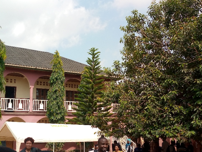 The image shows a large, pink building with a tiled roof. It appears to be a multi-story residence, with a balcony running along the second floor. The building has a white wrought iron railing. There are several palm trees and other trees in the foreground, with some people standing in the shade. A large white tent is set up in front of the building. The location is Beni, Democratic Republic of the Congo, based on the provided coordinates. The coordinates are 0.491 latitude, 29.482 longitude. The people are dressed in a variety of clothing. The scene is brightly lit and there is a light blue sky above.