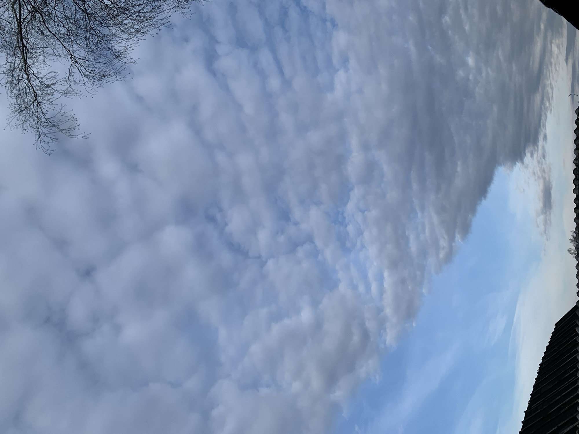 The image shows a sky with a mix of gray and white clouds. A bare tree branch is visible in the upper left corner. A portion of a dark roof is in the lower right corner. The photo appears to be taken outdoors, and the sky suggests a cloudy day. It is not possible to confirm whether this image was taken in the city of Фоки, Russia, as the content of the image does not provide this information.