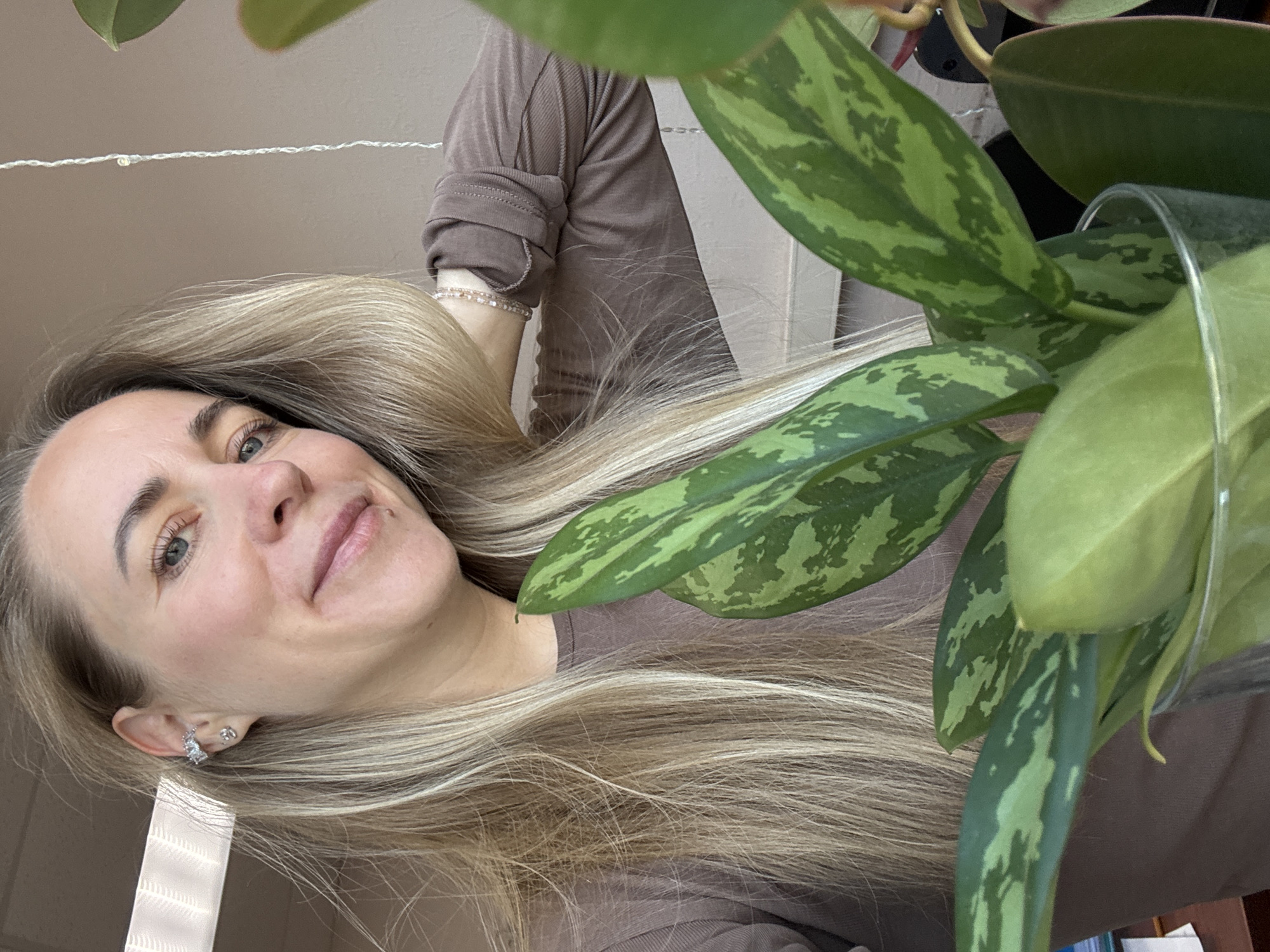 A woman with blonde hair and blue eyes is looking at the camera with a slight smile. She is wearing a brown long-sleeved shirt and a silver earring in her left ear. A plant with green leaves is in the foreground, obscuring part of her face and body. The background is a light brown wall with a string of lights hanging down. The image appears to be taken indoors. There is no information available to determine the specific location within Chaikovsky, Russia.