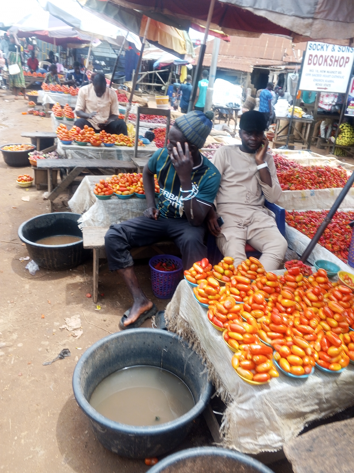 In Kabba, Nigeria, a bustling outdoor market scene unfolds. The foreground features two men sitting on a wooden bench amidst piles of ripe, red tomatoes. One man, wearing a green and black striped shirt and a blue and black beanie, is seated to the left, his left hand covering his mouth. He wears black trousers and sandals. To his right, another man in a tan outfit and a black cap is on the phone. He wears white sandals.
In front of them, several shallow bowls overflow with tomatoes. To the left, a large black plastic tub contains murky water. A smaller purple basket, also containing tomatoes, sits near the bench. Behind the men, more stalls are visible, with various produce displayed. A sign for "SOCKY & SONS BOOKSHOP" is prominently displayed on the right, indicating the market's location. The ground is dirt, and the atmosphere suggests a lively commercial hub. Various other people and market stalls are visible in the background, contributing to the vibrant market environment.