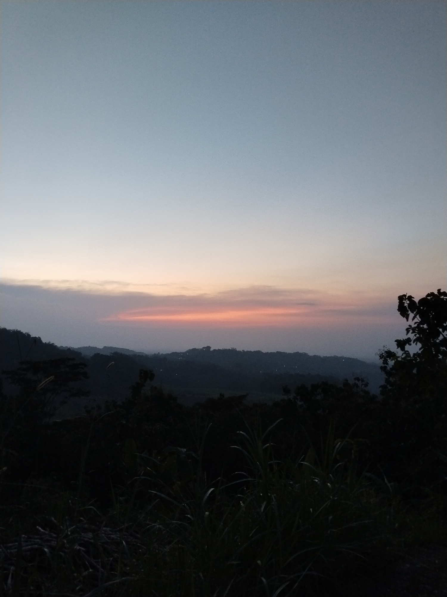 The image captures a landscape during twilight. The sky transitions from a light blue at the top to a pale pink and orange horizon. Below the horizon, silhouetted hills and trees form the midground. In the foreground, grasses and vegetation are visible, also in silhouette due to the low light. The location appears to be a natural setting with a view of distant hills. The lack of specific details prevents further identification.