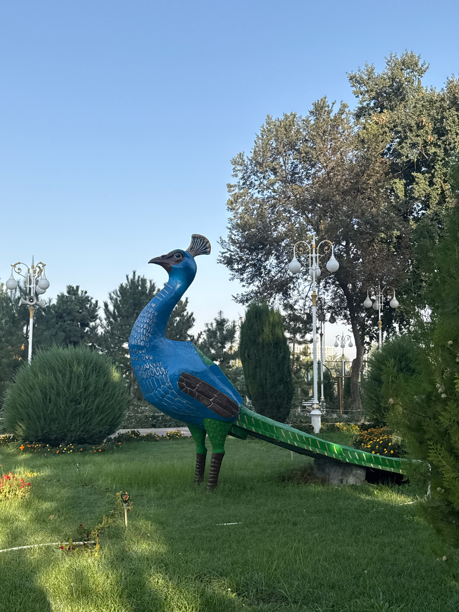 The photograph captures a vibrant, life-sized sculpture of a peacock situated in a park-like setting. The peacock sculpture is predominantly blue with green legs and tail feathers, and brown wing details. It stands on a grassy lawn, with manicured bushes and trees in the background. Several ornate street lamps are visible amongst the greenery, suggesting a public space. The sky above is a clear, pale blue. This scene is located in the Victory Park in Dushanbe, Tajikistan, a prominent green space in the city.
