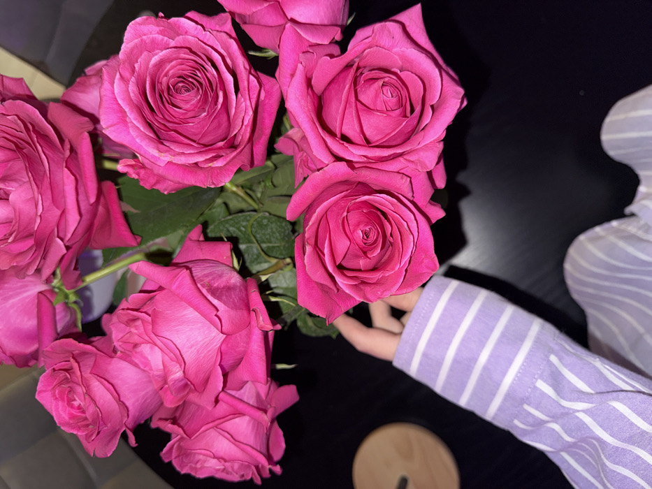 The scene depicts a close-up, top-down perspective of a bouquet of approximately ten vibrantly pink roses arranged on a dark, possibly black, tabletop. The roses exhibit varying stages of bloom, with visible green stems and leaves. A person's arm, extending from the lower left, wears a light lavender and white striped long-sleeved shirt. The individual's hand gently interacts with one of the rose stems. A circular wooden object is partially visible on the tabletop to the left of the roses. The lighting indicates an indoor setting. This image provides no discernible information to identify a specific location within the city of Belgrade, Serbia.