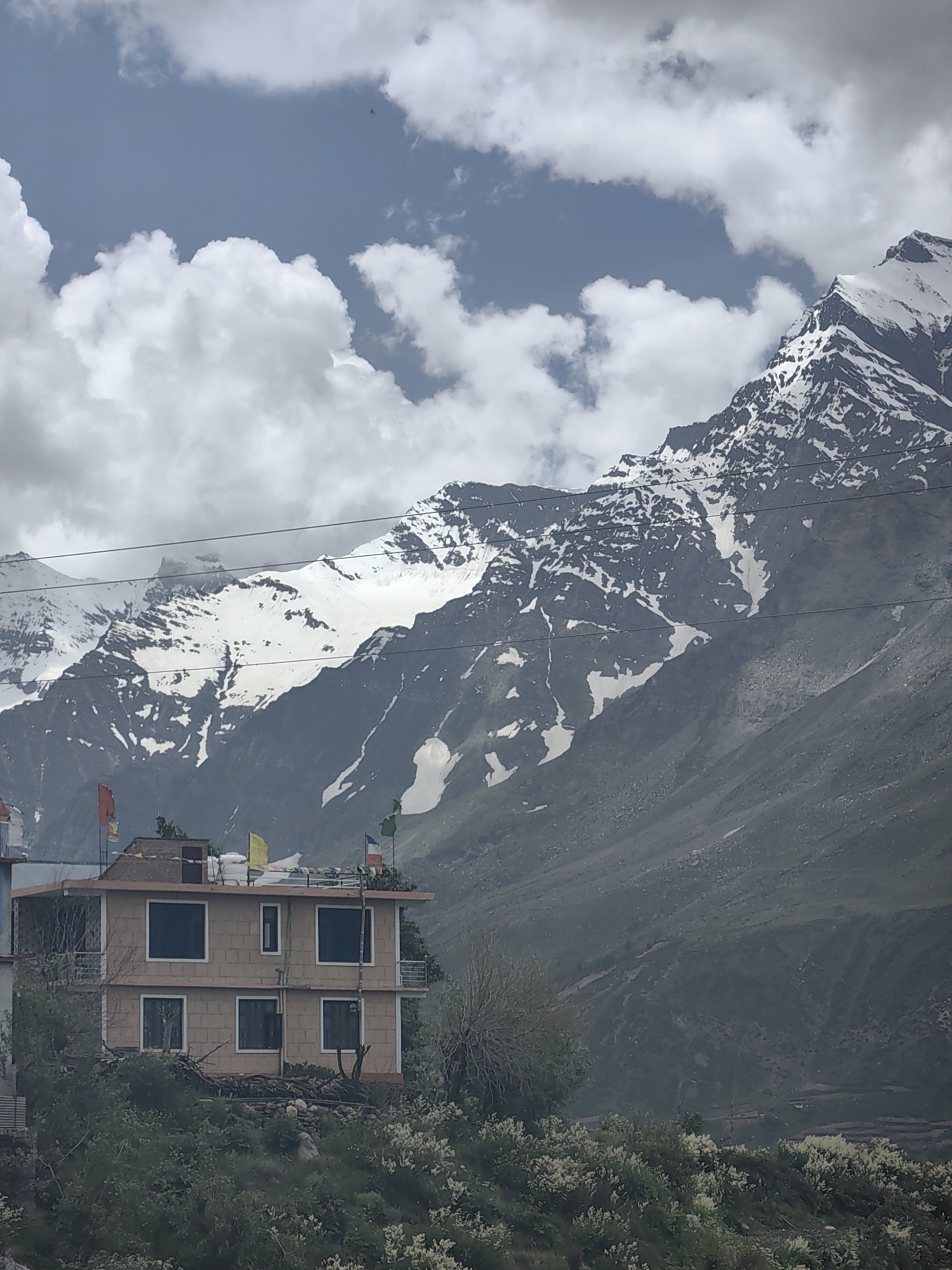 A building with a light-colored facade and dark windows is situated on a green, overgrown hillside in Sissu, India, with a majestic snow-capped mountain range dominating the background under a cloudy sky. The building has two stories and a flat roof where several prayer flags are visible. Electrical wires are strung across the scene, partially obscuring the mountains. The mountain slopes are a mix of dark rock and patches of snow, with a rugged, imposing appearance. Lush green foliage, interspersed with white flowering bushes, covers the foreground and the hillside around the building. The sky is filled with dramatic, cumulus clouds, suggesting a dynamic weather system.