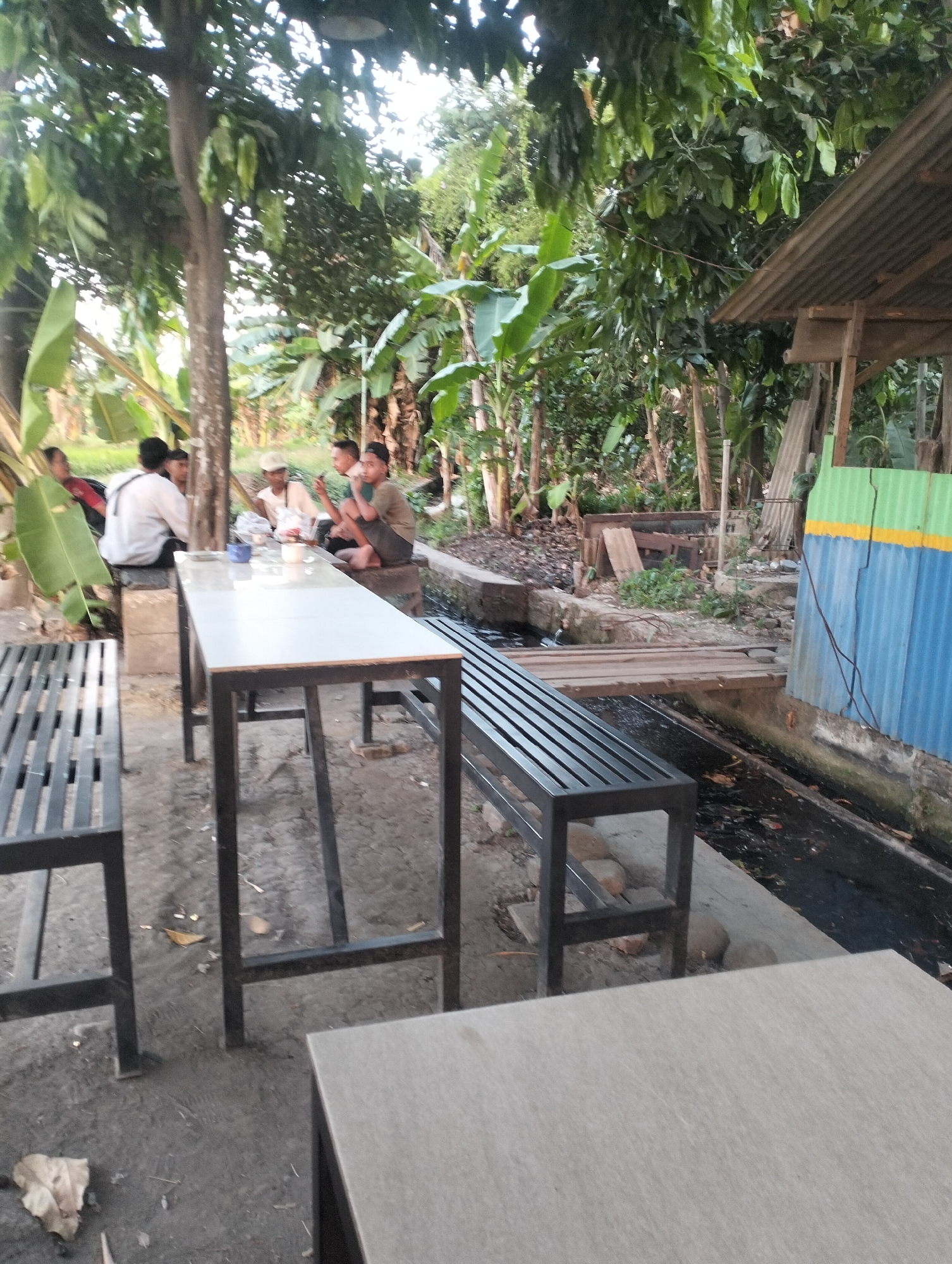 In an outdoor, possibly rural, setting, a group of five individuals are seated around a long, narrow table. The table has a white surface and black metal legs. Two dark metal benches are also present, one in the foreground and another to the left of the table. The individuals, appearing to be young men, are casually dressed. Some are looking at their phones, while others are conversing. The environment is characterized by lush vegetation, including banana trees and leafy trees providing shade. A corrugated metal structure with blue and green sections is visible on the right side of the image, alongside a narrow, dark-colored waterway. The ground is unpaved, with dirt and scattered leaves. The lighting suggests it is either early morning or late afternoon.