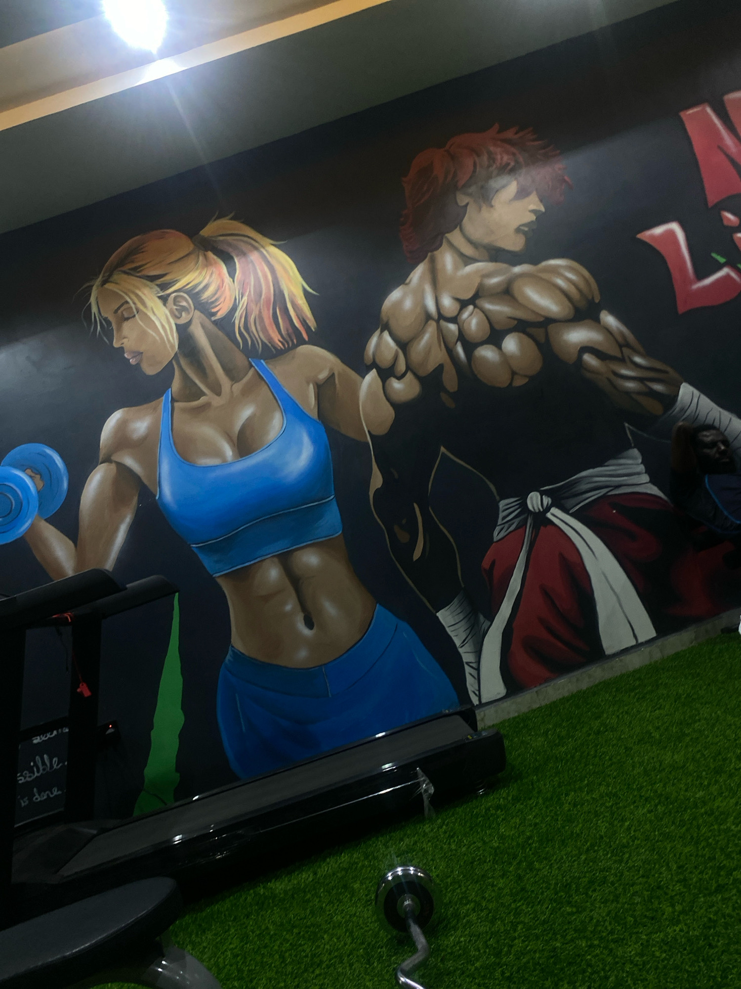 This image depicts a gym interior, featuring a mural on the back wall. The mural showcases two athletic figures: a woman on the left, with blonde hair in a ponytail, wearing a blue sports bra and shorts, holding a dumbbell; and a muscular man on the right, with reddish-brown hair, wearing a red and white martial arts-style outfit. The figures are depicted in dynamic poses, suggesting strength and fitness.
In the foreground, a treadmill is partially visible, and a portion of a weightlifting bench is also present. A curved barbell is lying on the green artificial turf that covers the gym floor. The lighting in the gym appears to be from overhead fluorescent lights, one of which casts a bright glare in the upper left corner of the image. The overall aesthetic suggests a modern and motivational fitness environment. The location is identified as Barden Yana, Nigeria.