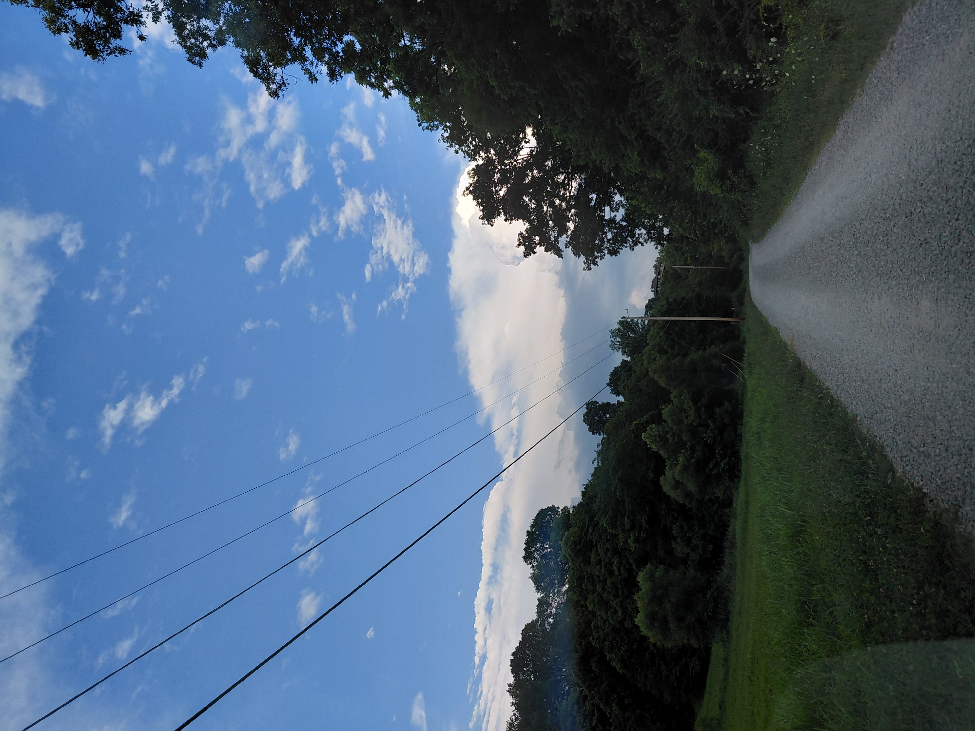 The image depicts a rural dirt road curving through a landscape dominated by lush green trees and a bright blue sky dotted with white clouds. Four power lines stretch diagonally across the upper portion of the frame, disappearing into the dense foliage on either side of the road. The road itself is composed of gravel and appears to be a single lane, suggesting a remote or less-trafficked area. The surrounding vegetation is thick and varied, with some trees casting shadows onto the road. The overall impression is one of natural beauty and tranquility, with a hint of human infrastructure in the form of the power lines. The image does not contain any discernible elements that would suggest a specific location within the city of Waco, United States, or any human activity.