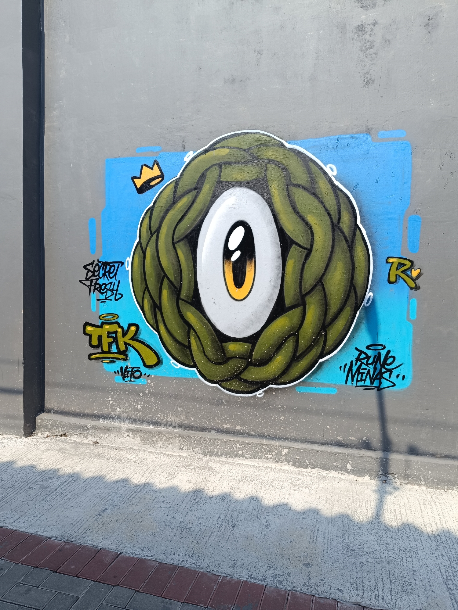 The image shows a graffiti artwork on a grey concrete wall. The main subject of the graffiti is a large, circular, green, braided pattern that resembles a stylized eye. The eye has a large white iris with a yellow and black pupil, giving it a cartoonish or alien appearance. A bright blue rectangular background is spray-painted behind the eye artwork.
Scattered around the central artwork are various tags and symbols. To the left of the eye, there is a yellow crown symbol. Below the crown, in black graffiti lettering, are the words "SECRET FRESH" and "TFK" with a halo above the latter. There is also a smaller tag that appears to say "VFO". To the right of the eye, there is a yellow letter "R" with a small yellow heart next to it. Below this, in black graffiti lettering with a halo, are the words "PUNO" and "MENAS".
The wall itself is grey and appears weathered, with some areas of discoloration and texture. The bottom of the image shows a sidewalk made of textured concrete with a border of red and grey bricks. The sunlight casts a shadow on the sidewalk, suggesting it is daytime. The overall impression is that of urban street art. While the image does not explicitly state the location, the inclusion of the city of Yogyakarta, Indonesia, suggests this artwork is a piece of street art found within that city.